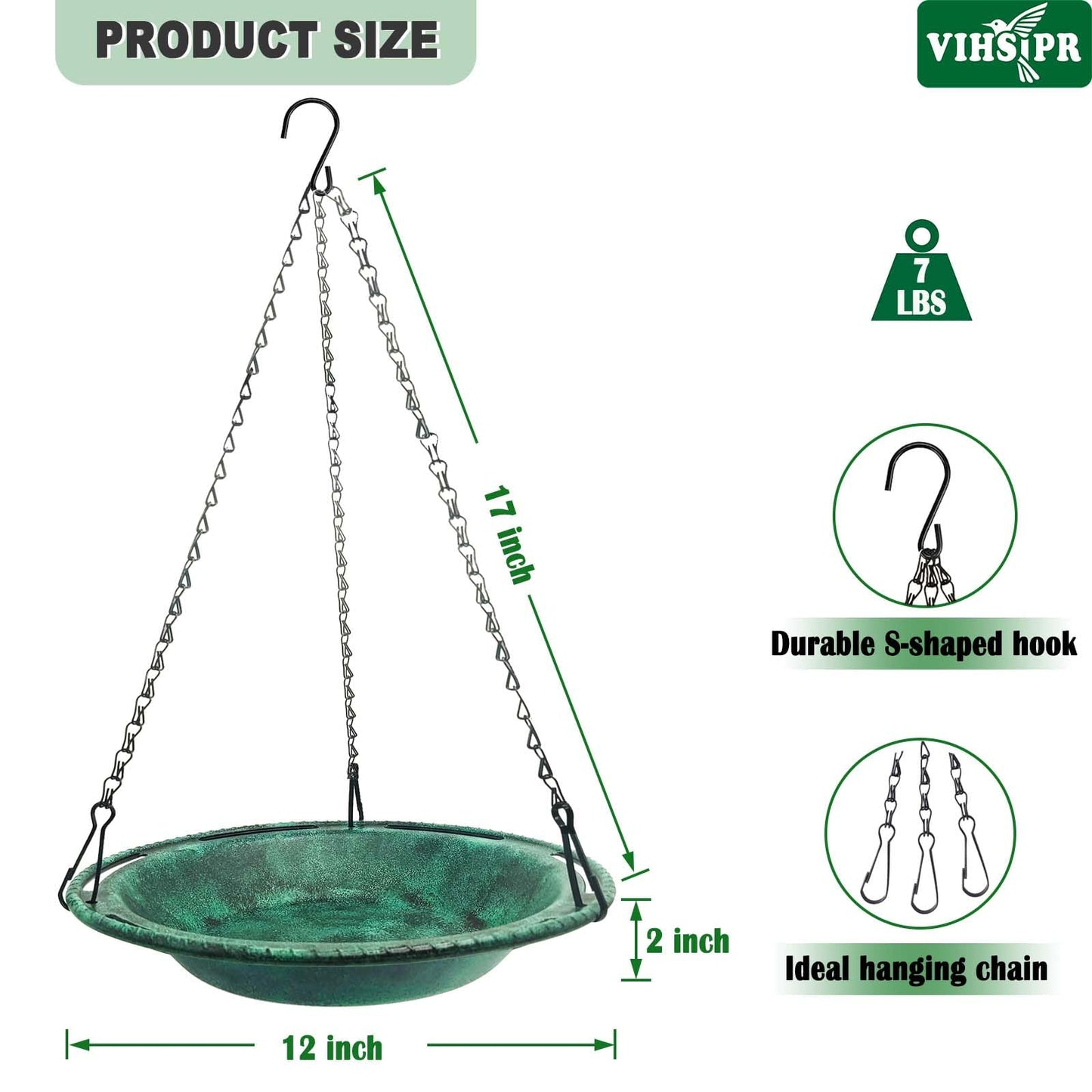 VIHSIPR Hanging Bird Bath & Feeder Bowl, 12 in Outdoor Bird Bath with Chains, Backyard Garden Decor, Durable Weather-Resistant PP, Antique Green – 1 Pack