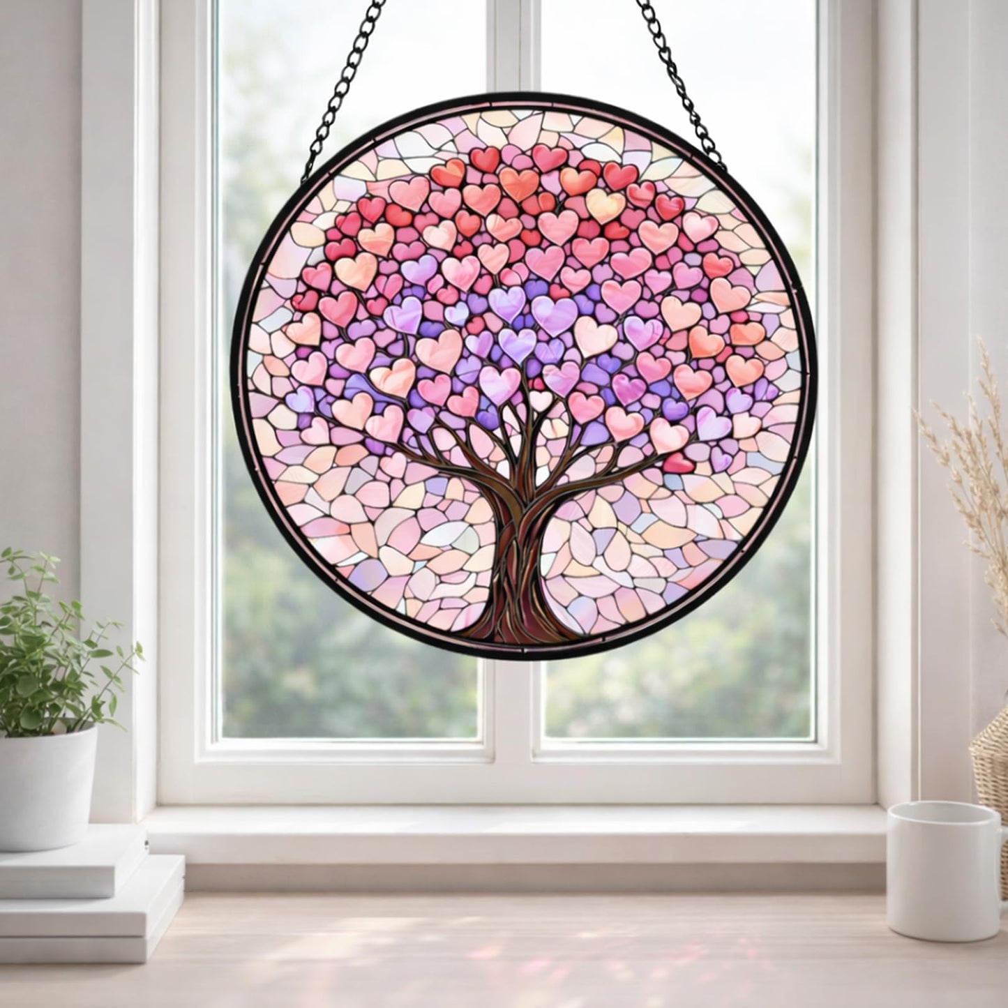 Round Heart Tree Stained Glass Style Suncatcher Pink and Purple Love Tree Window Hanging Decorative Sun Catcher Panel for Home Decor Mothers Day Valentines Day Gift 6.3Inch