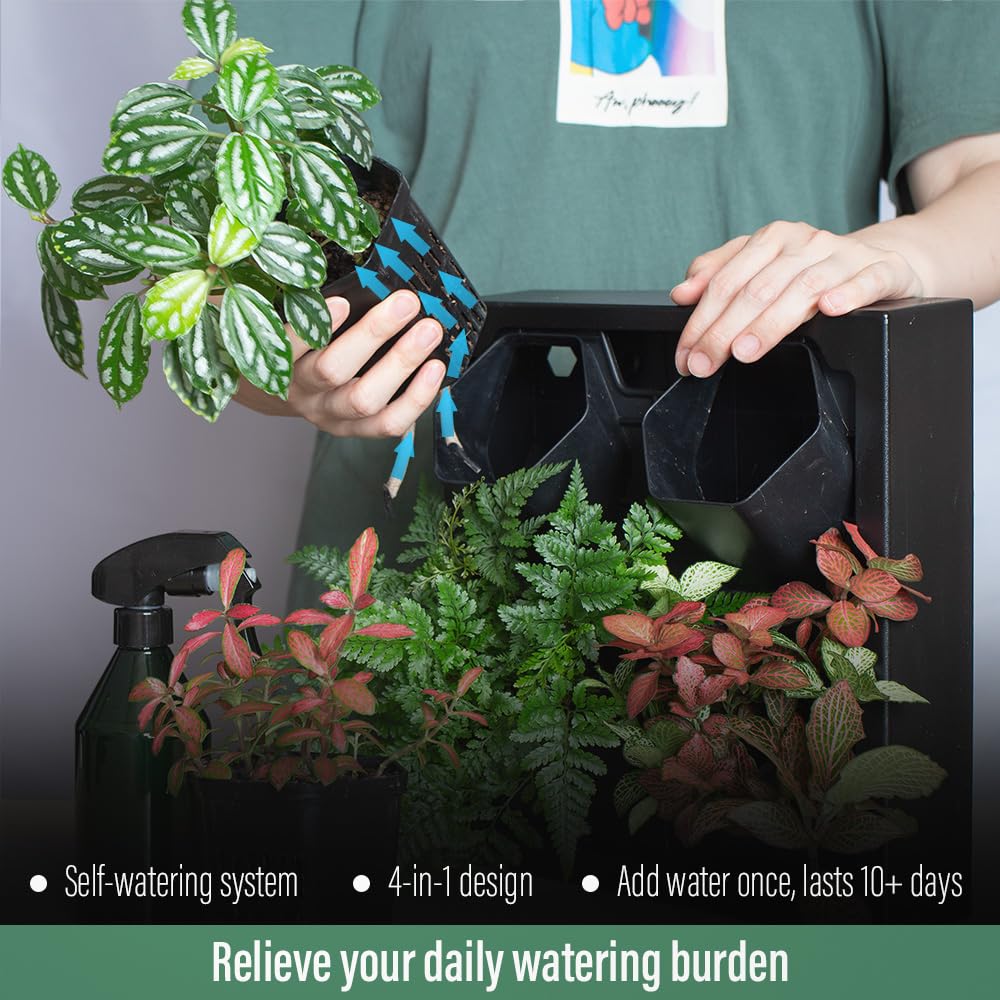 Inspiration Jungle Self Watering Wall Planter with 4 Pots - Easy to Create Indoor Living Wall for Home, Office and Shop Front - Includes Water Gauge (Black)