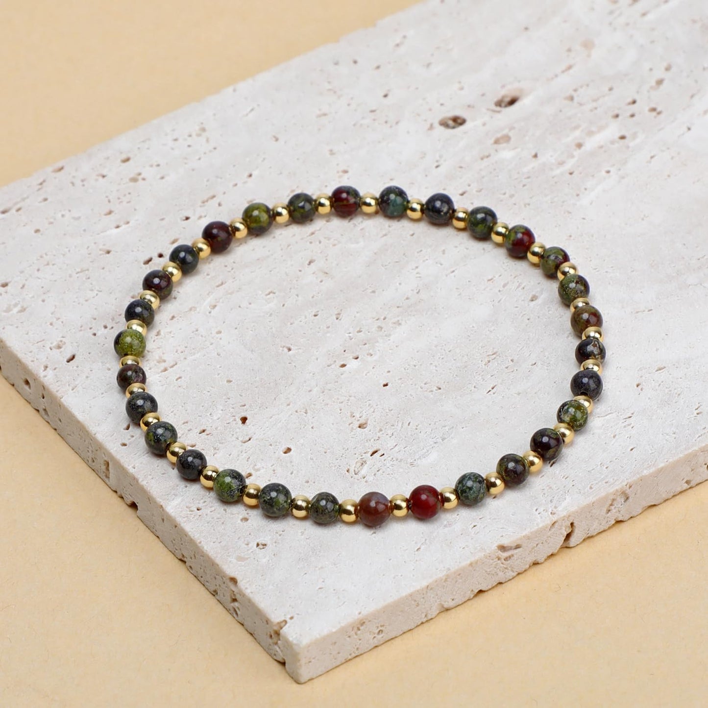 QOGIR Dragon Bloodstone - Strength and Courage - 14K Gold Plated Beads Natural Gemstone Stretch Elastic Dainty Healing Beaded Bracelets Gifts 4mm