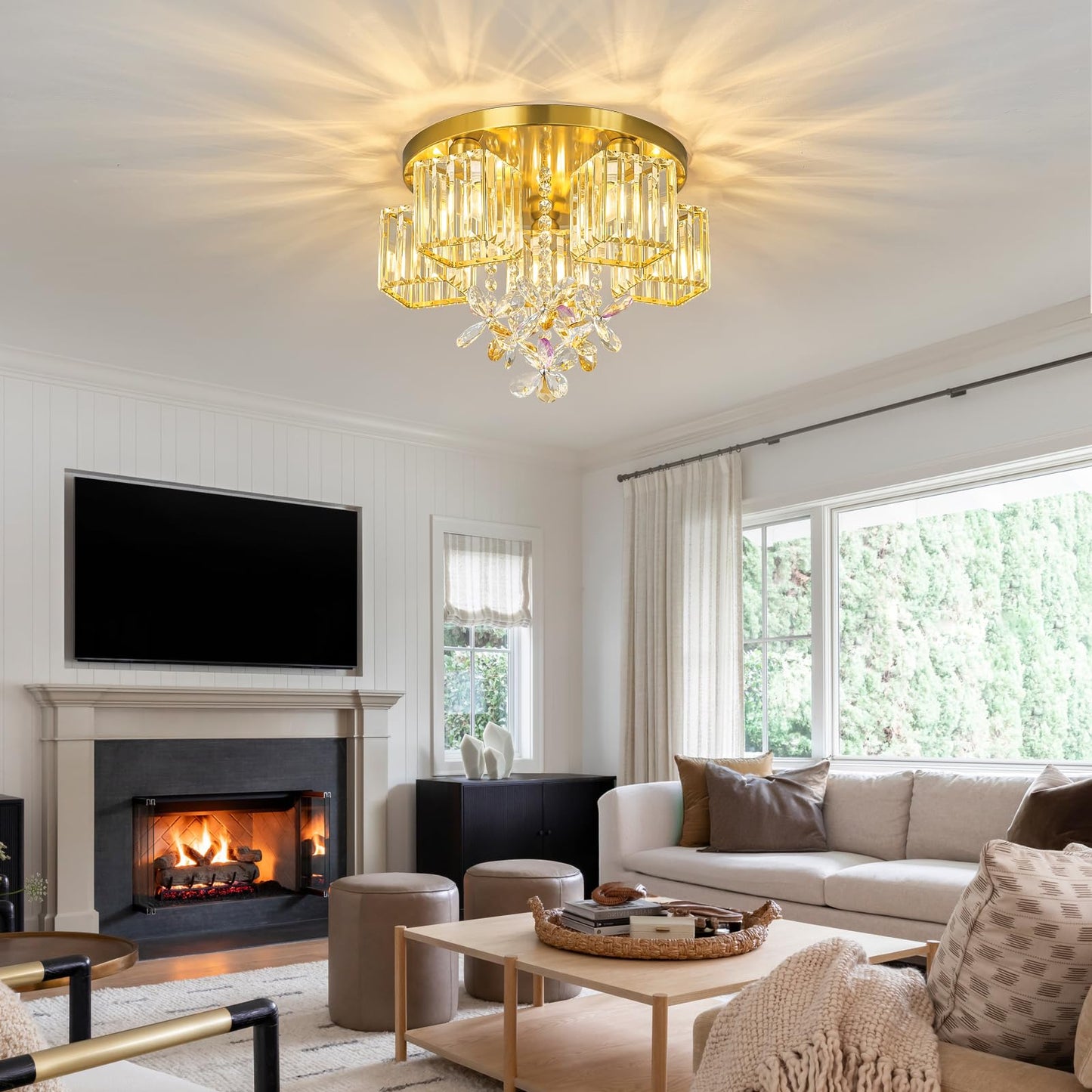 zhllmq 5 Light Gold Crystal Ceiling Light Flush Mount Ceiling Light Crystal Close to Ceiling Light Fixtures for Living Room Bedroom Kitchen Hallway