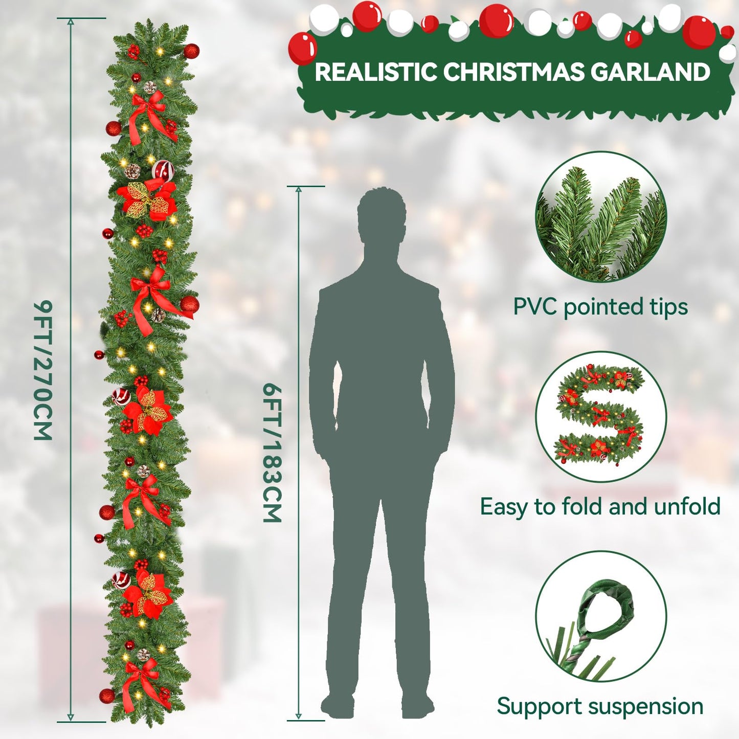 Christmas Garland with Lights 9FT Timer Prelit Garland Battery Operated Outdoor Indoor Christmas Decorations 30 LEDs Lighted Garland for Stairs Railing Fireplace Mantle Front Door Home Holiday Decor