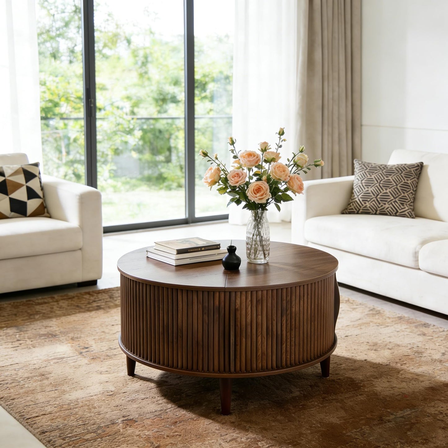 DUMOS Coffee Table, Round Coffee Tables with Storage, Fluted Center Table for Living Room, 31.69" Mid Century Modern Table with Sliding Cabinet Door, 2-Tier Rustic Wood Desktop, Brown