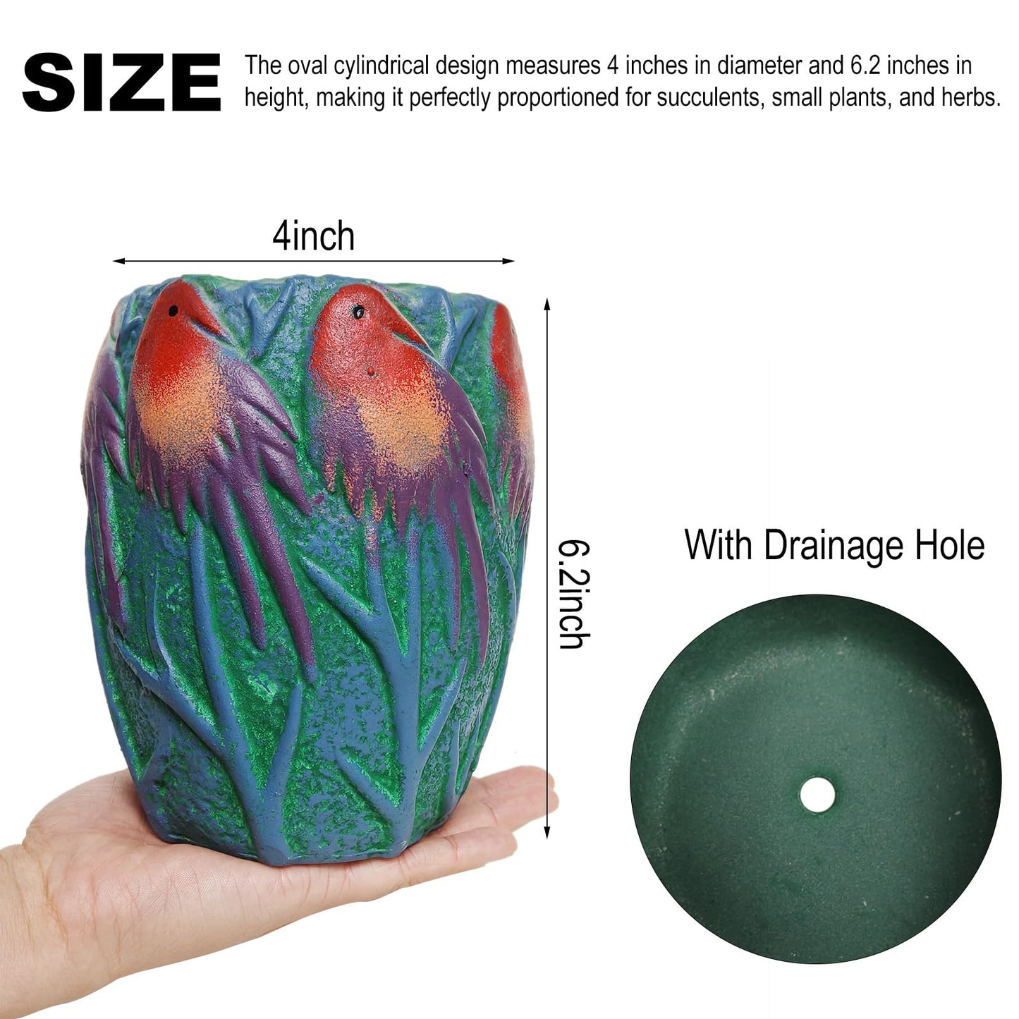 Yuccasly 6.2" H Ceramic Flowerpot with Bird Pattern, Green Glazed Oval Planter, Boho Indoor Outdoor Succulent Container with Drainage Hole