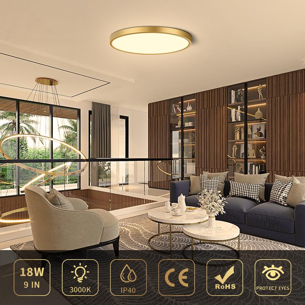2Pack 9Inch LED Ceiling Light Fixture Flush Mount, 18W(180W Equivalent), 1800LM, 3000K Warm White, IP40, Flat Modern LED Ceiling Lights for Bedroom, Living Room, Bathroom, Stairwell, etc.(Gold)