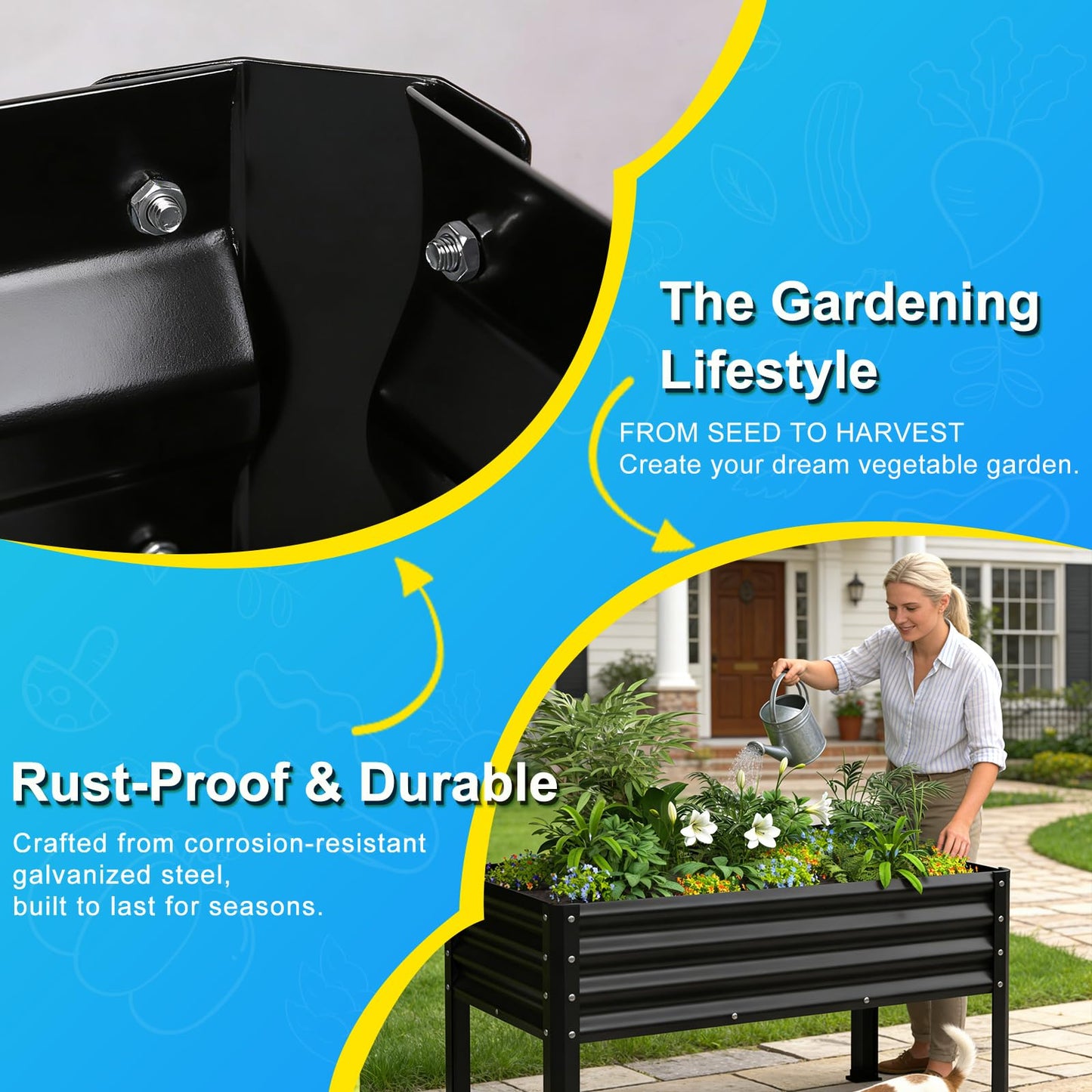 Yardbliss Large Galvanized Raised Garden Bed Outdoor with Legs, Load Capacity 1200LB, 48x26x30in Raised Garden Bed, for Backyard/Patio/Balcony/Gardening/Vegetables Flowers, Black