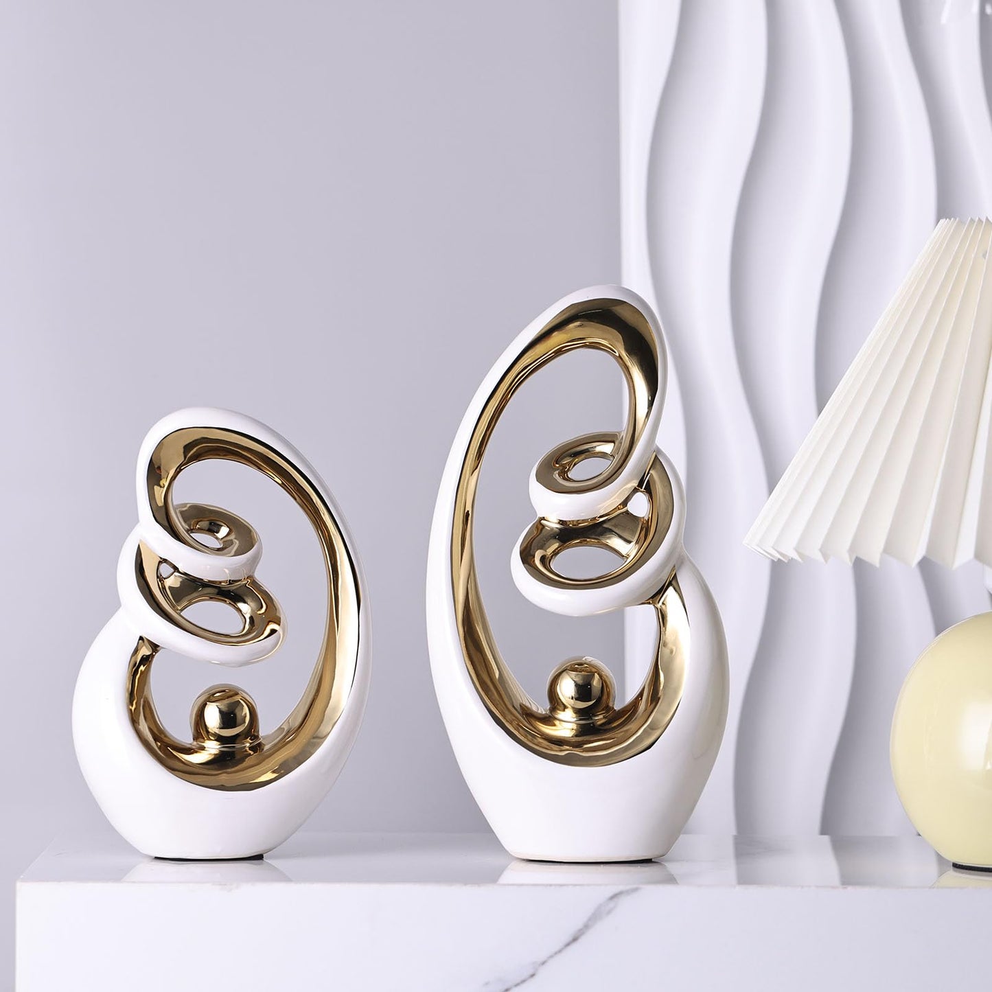 GAOSHENG Modern Abstract Porcelain Sculpture, White Gold Show Piece for Home, Knick Knacks for Decor, Tv Stand Centerpiece