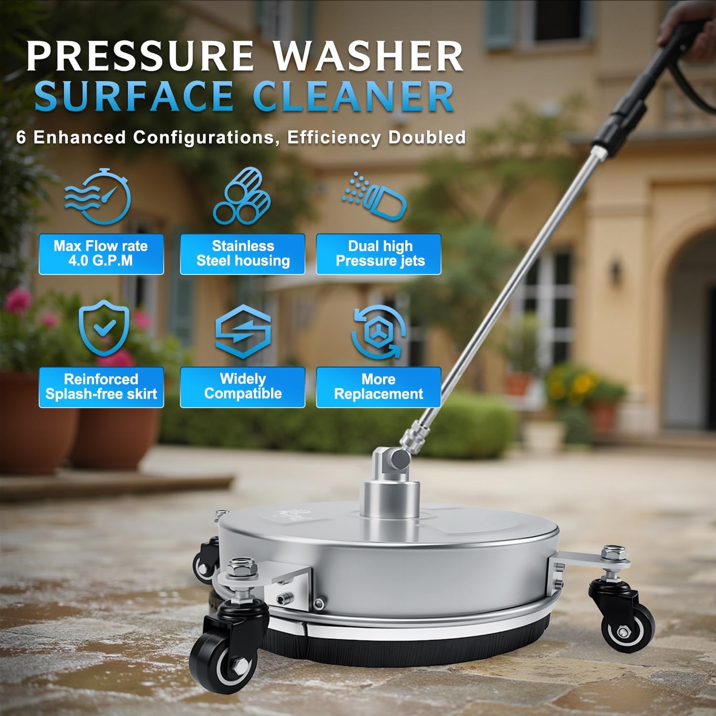RAYNEL 14'' Pressure Washer Surface Cleaner with 4 Wheels, Stainless Steel Housing, 1/4" Quick Plug, 2 Extended Wands, 2 Replacement Nozzles
