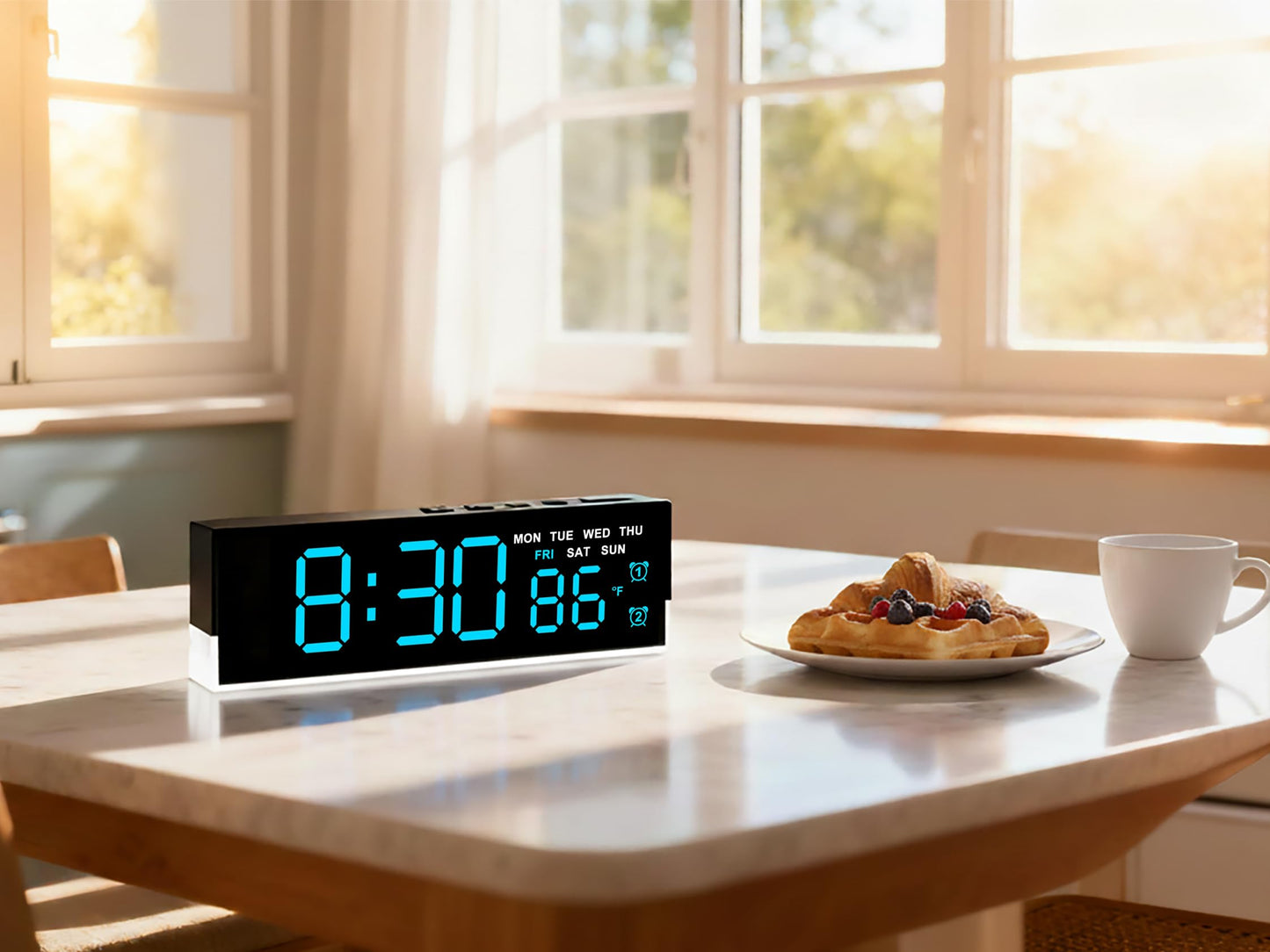 JENLYSTIME 7 Inch LED Digital Alarm Clock with Dual Alarms & Bottom Glow｜Displays Time, Date, Day, Temperature｜3-Level Auto/Manual Brightness, DST, USB or Battery Powered Modern Desk Clock (Blue)