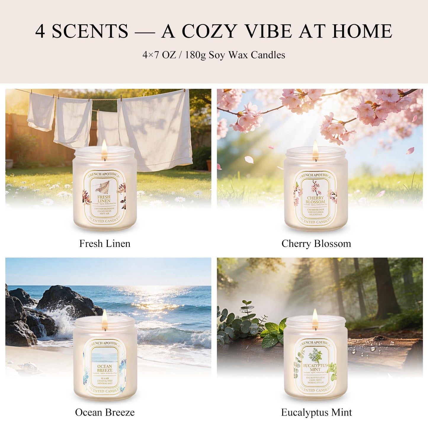 Scented Candle Gift Set, 4 Pack 7oz Natural Soy Wax Aromatherapy Candles, Fresh Linen, Ocean Breeze, Cherry Blossom, Eucalyptus Mint, Ideal Gifts for Women