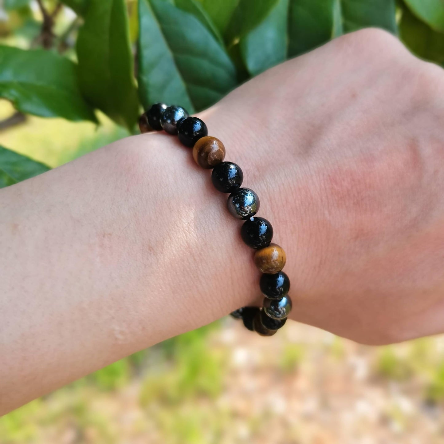 Gracayfr Tiger Eye Black Tourmaline Bracelet Hematite Anxiety Relief Natural Beaded Stone Healing Crystal Spiritual Empath Protection Gemstone Stretch Bead Obsidian