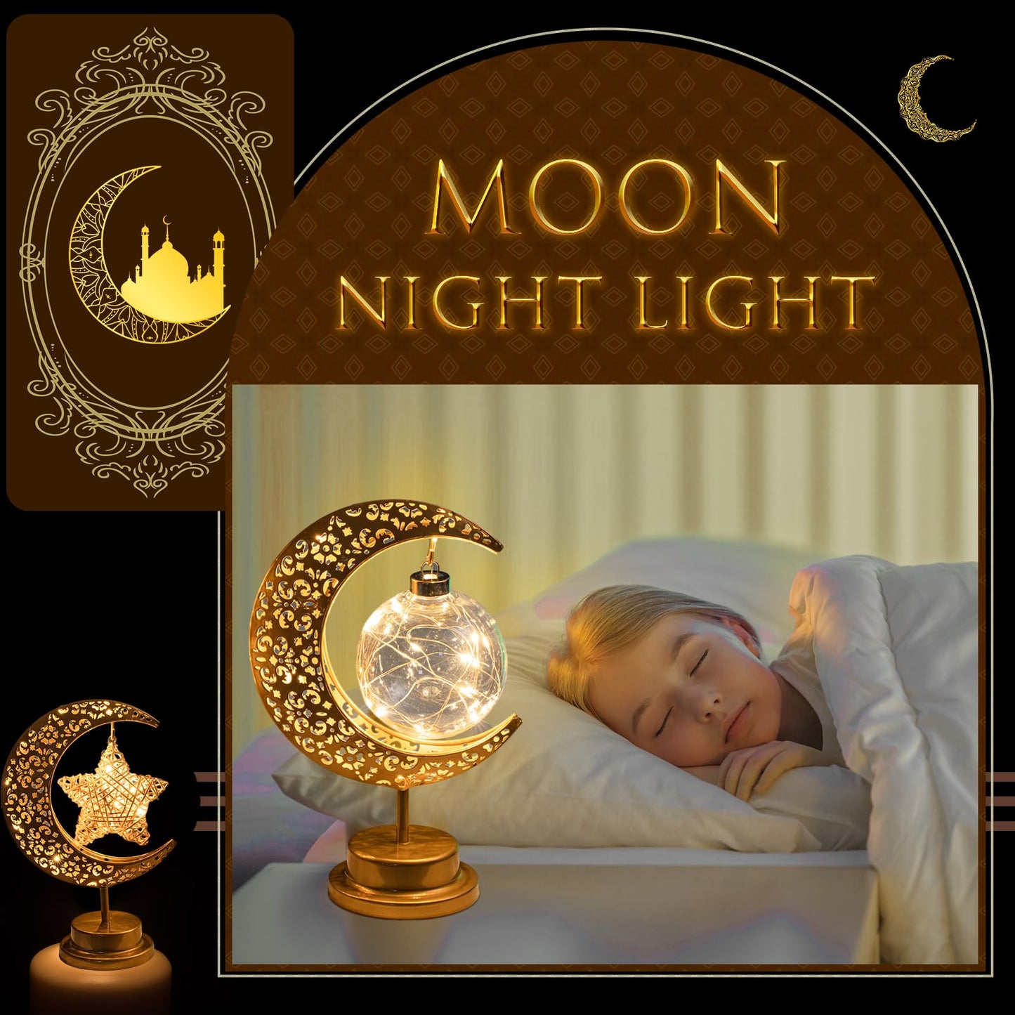 Tujoe 3 Pcs Ramadan Decorations for Home Rustic Moon Lamp Ramadan Star Moon Metal Lights Battery Operated LED Crescent Light Eid Decorations for Home Bedroom Table Ramadan Eid Mubarak Party Decor