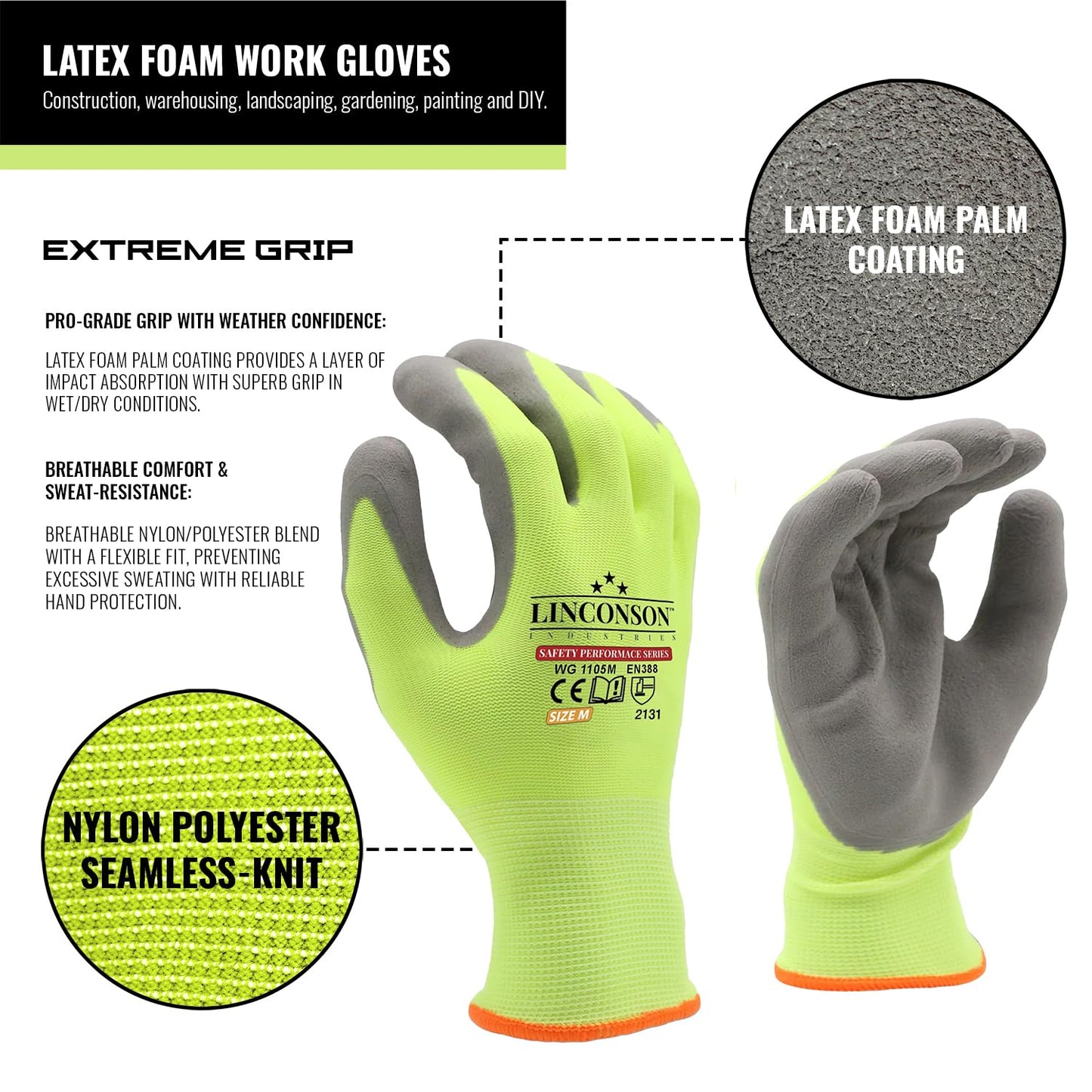 linconson 12 Pack Safety Performance Series Construction Mechanics Work Gloves (Green - Grey Palm, XXL (Pack of 12))
