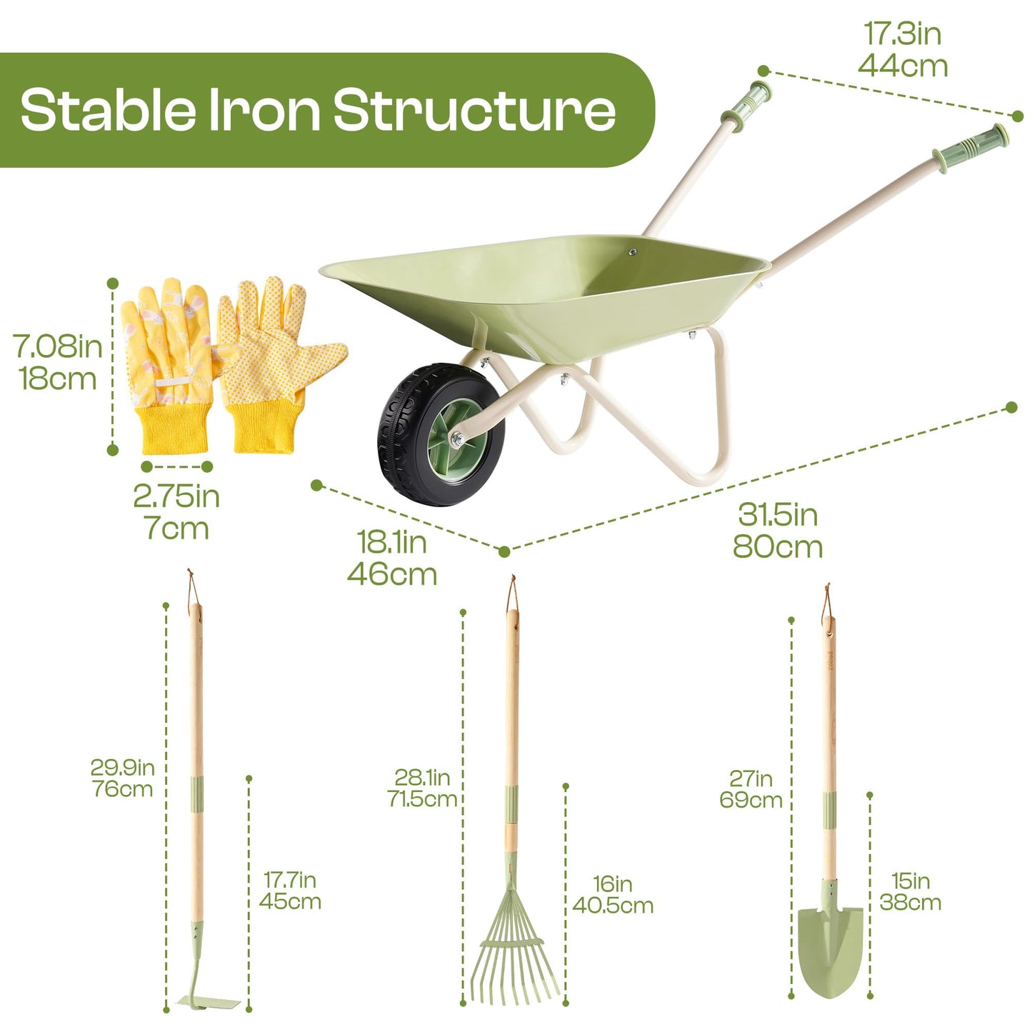 ROBOTIME Kids Wheelbarrow Set, 5PCS Kids Gardening Tool Set with Metal Toy Wheelbarrow, Shovel, Hoe, Broom & Gloves, Outdoor Yard Play for Planting, Sand, Leaves & Snow Fun, Gifts for Toddler 3+