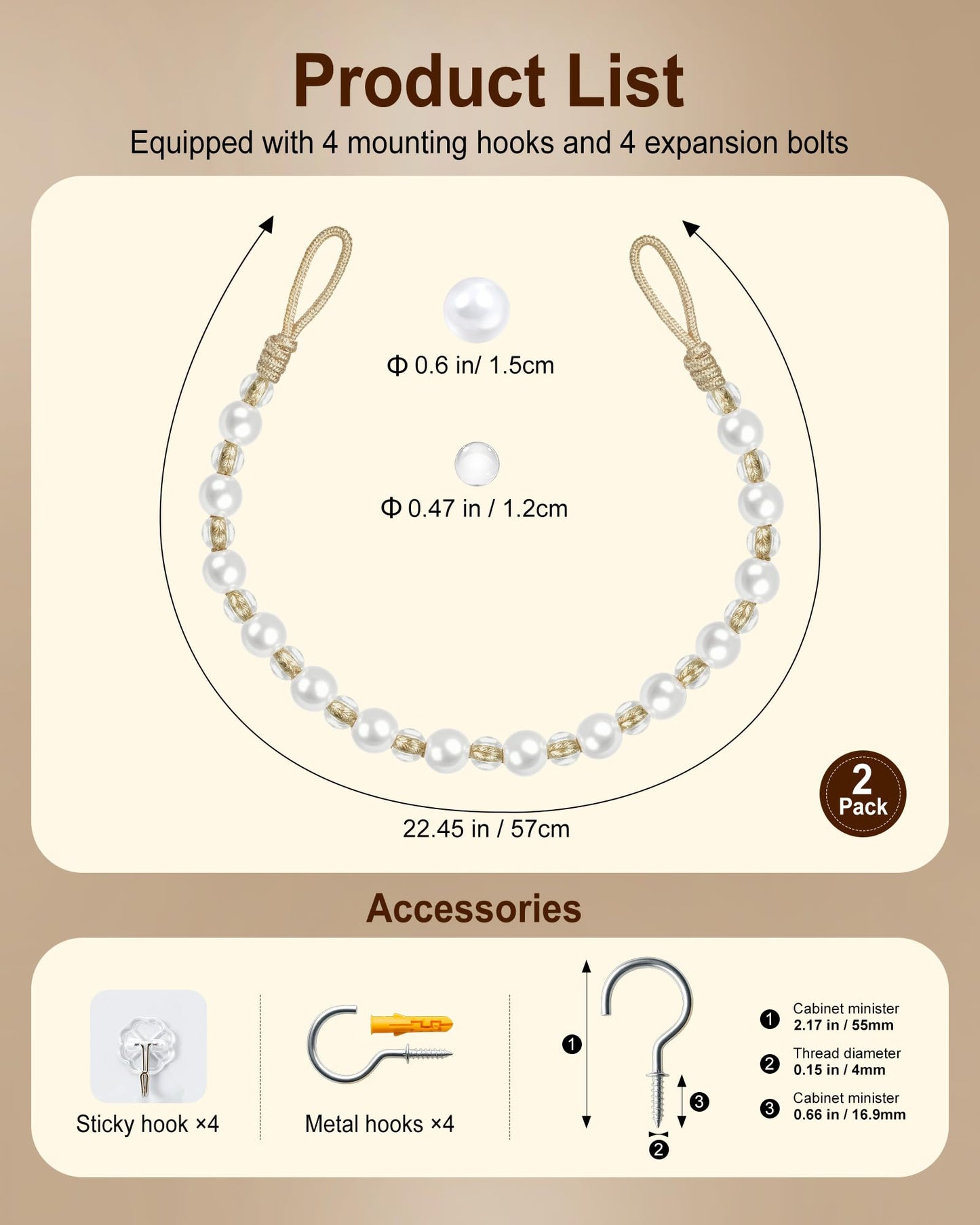 HOUOGROEM 1 Pack Curtain Tiebacks - Pearl Bead Curtain Holdbacks Wall Mounted with Hooks Tie Backs for Bedroom Decor Home Outdoor Office Beige