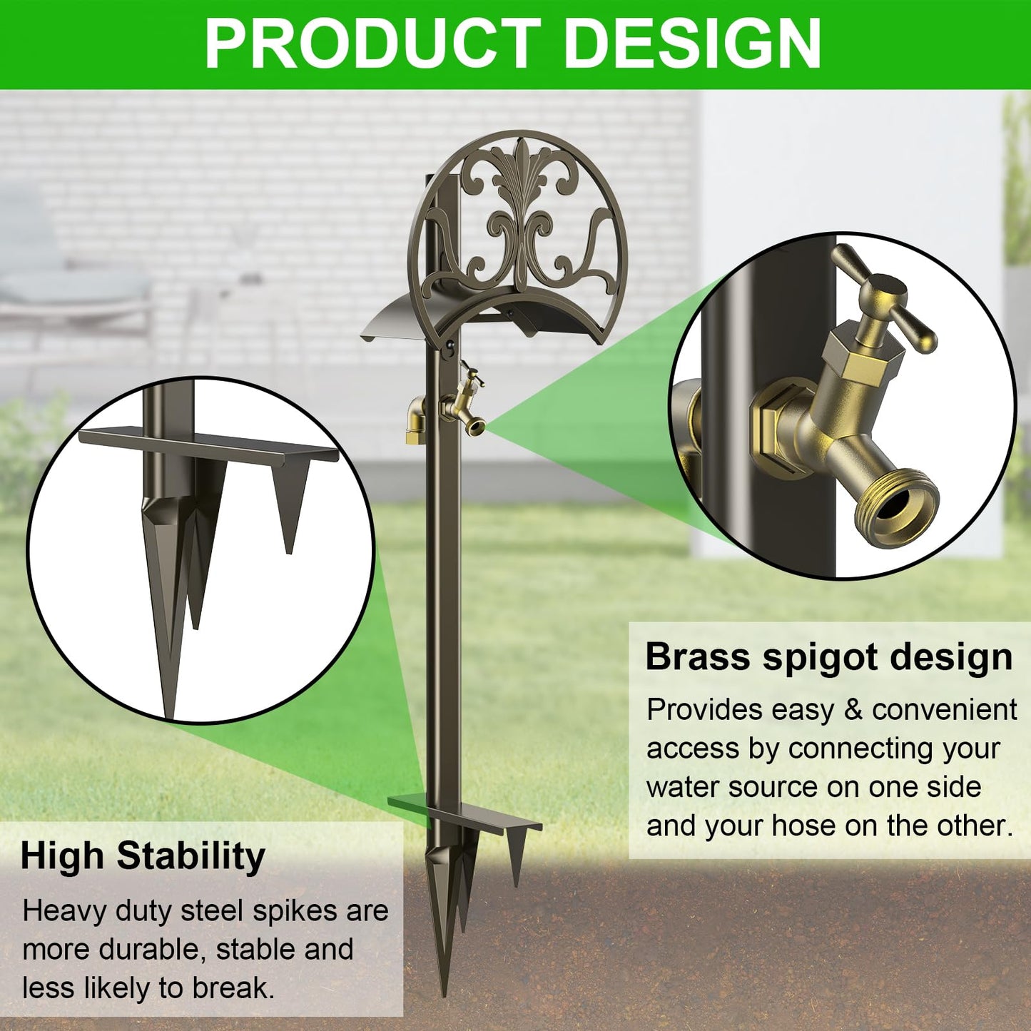 GOFORWILD Garden Hose Stand with Brass Faucet, Detachable Heavy Duty Water Hose Holder, Freestanding Metal Hose Reel Decorative Storage Hanger Holds 150-Feet Hose for Outside Patio Lawn Yard