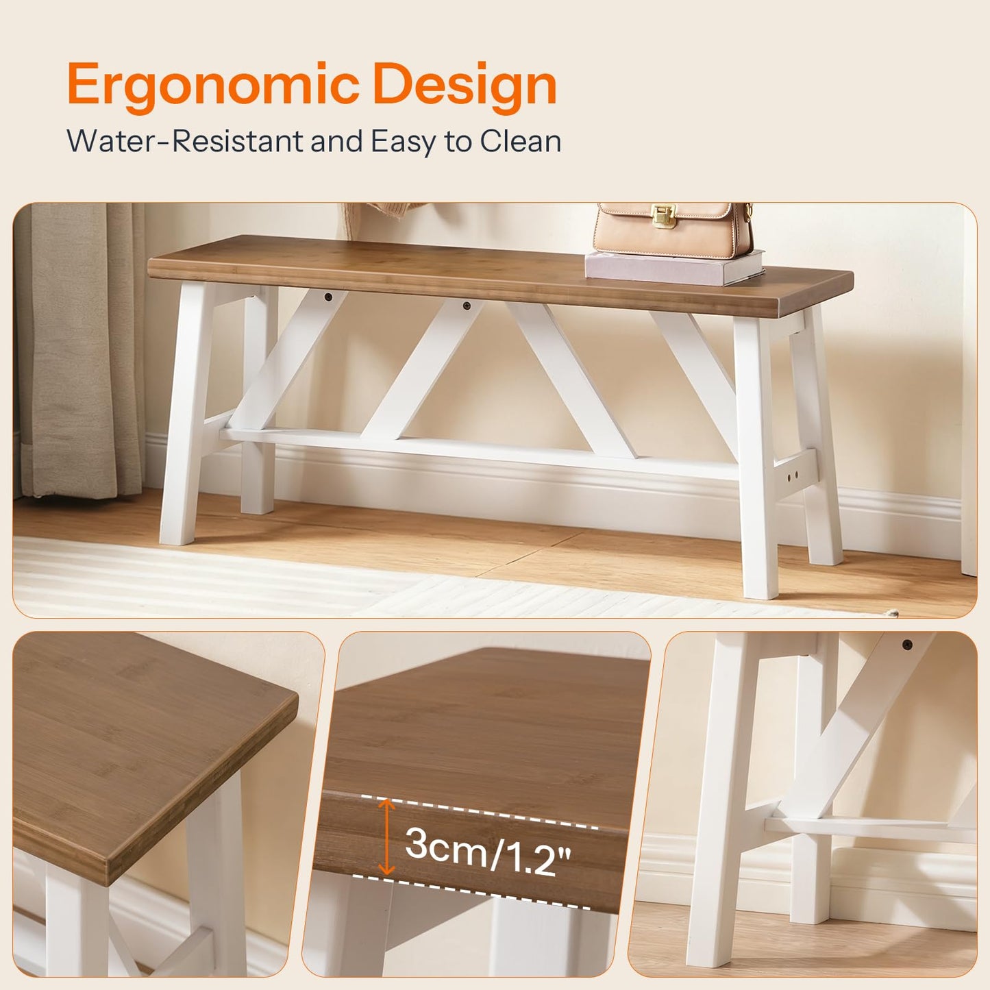 HOOBRO Bamboo Dining Bench, 39.4 inch Farmhouse Kitchen Table Bench, Solid Bamboo Dining Room Bench for Kitchen, Living Room, Bedroom, Hallway, Sturdy and Stable, Walnut and White WH17CD01