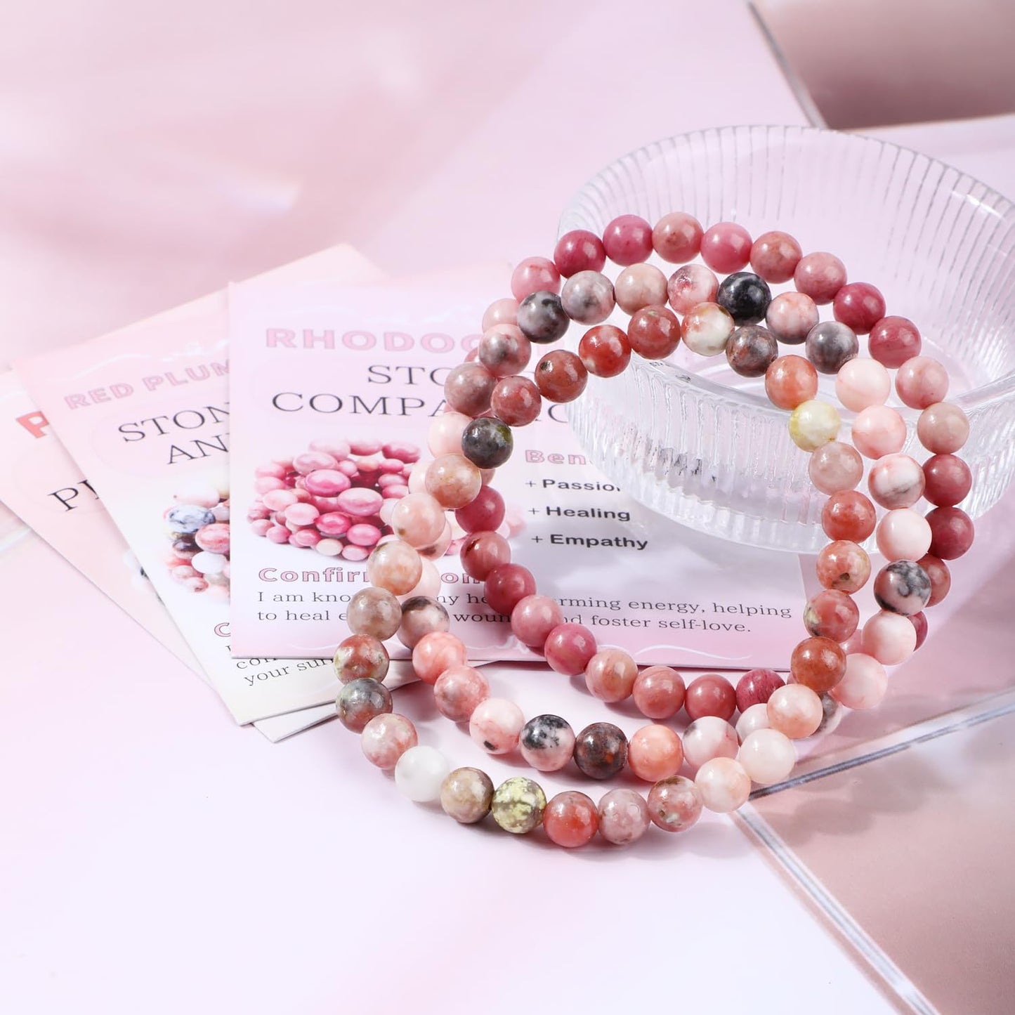 NCB 3-Piece 6mm Natural Crystal Gemstone Stretch Bracelets – ﻿Rhodochrosite, Pink Zebra, Pink Black Rhodonite Handmade Reiki Energy Healing Jewelry for Meditation,Yoga, Unisex