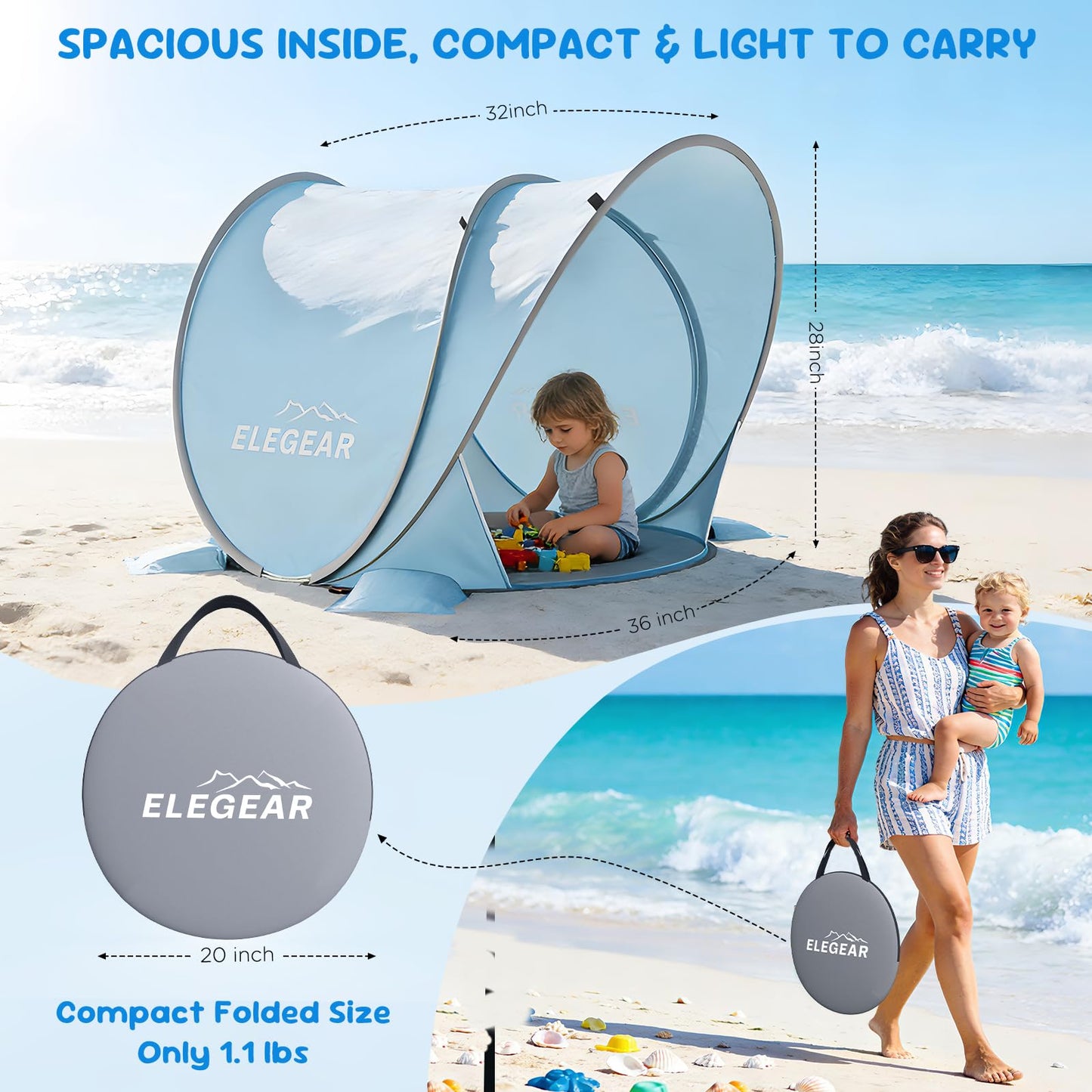 Elegear Pop Up Baby Beach Tent with Mini Canopy, CumbreX™ UPF 50+ UV Protection Baby Tent Sun Shelter, 1S Setup Portable Baby Beach Essentials Shade for Infant Toddler Outdoor Indoor Play - Blue