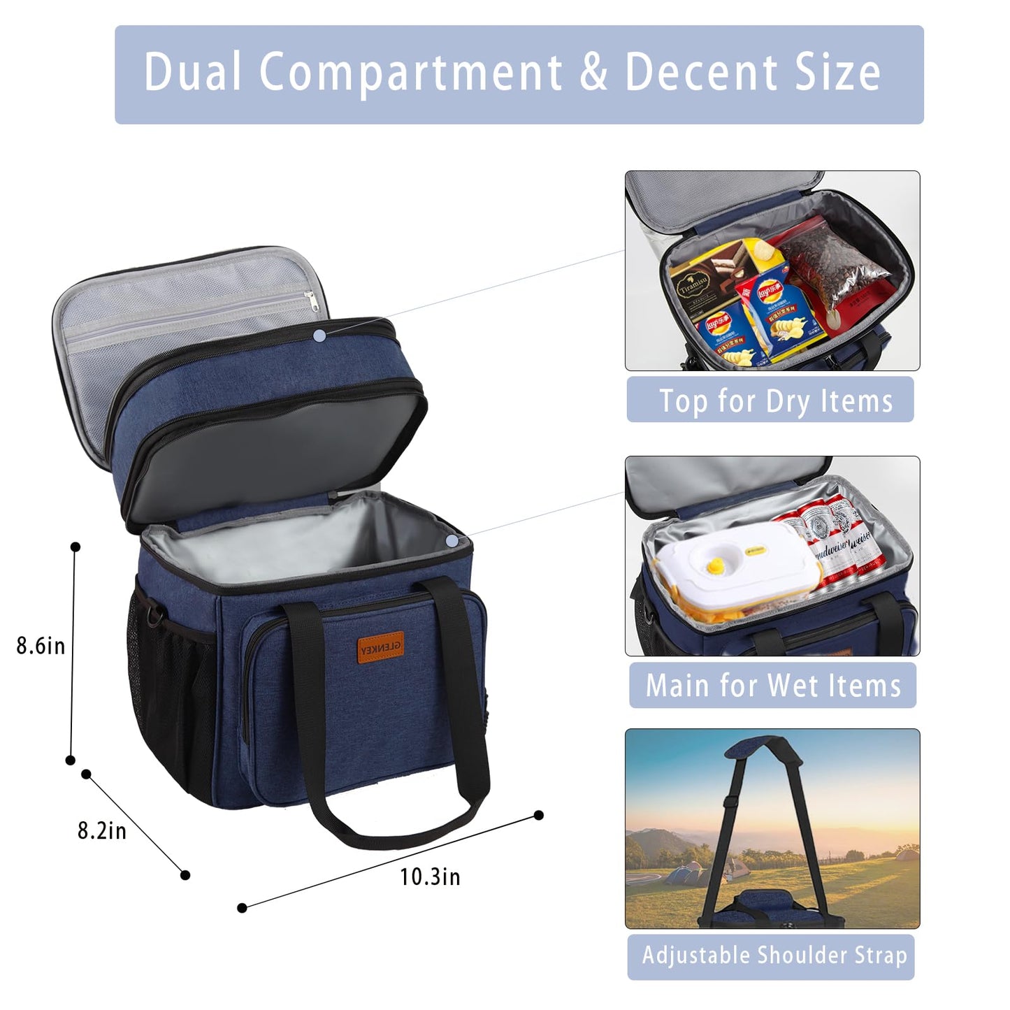 Expandable Large Lunch Box, Insulated Heavy Duty Lunch Bag Waterproof Leakproof Durable Cooler Bag for Men Women Adults Work Construction Camping Trip, 16L, Blue, GLENKEY