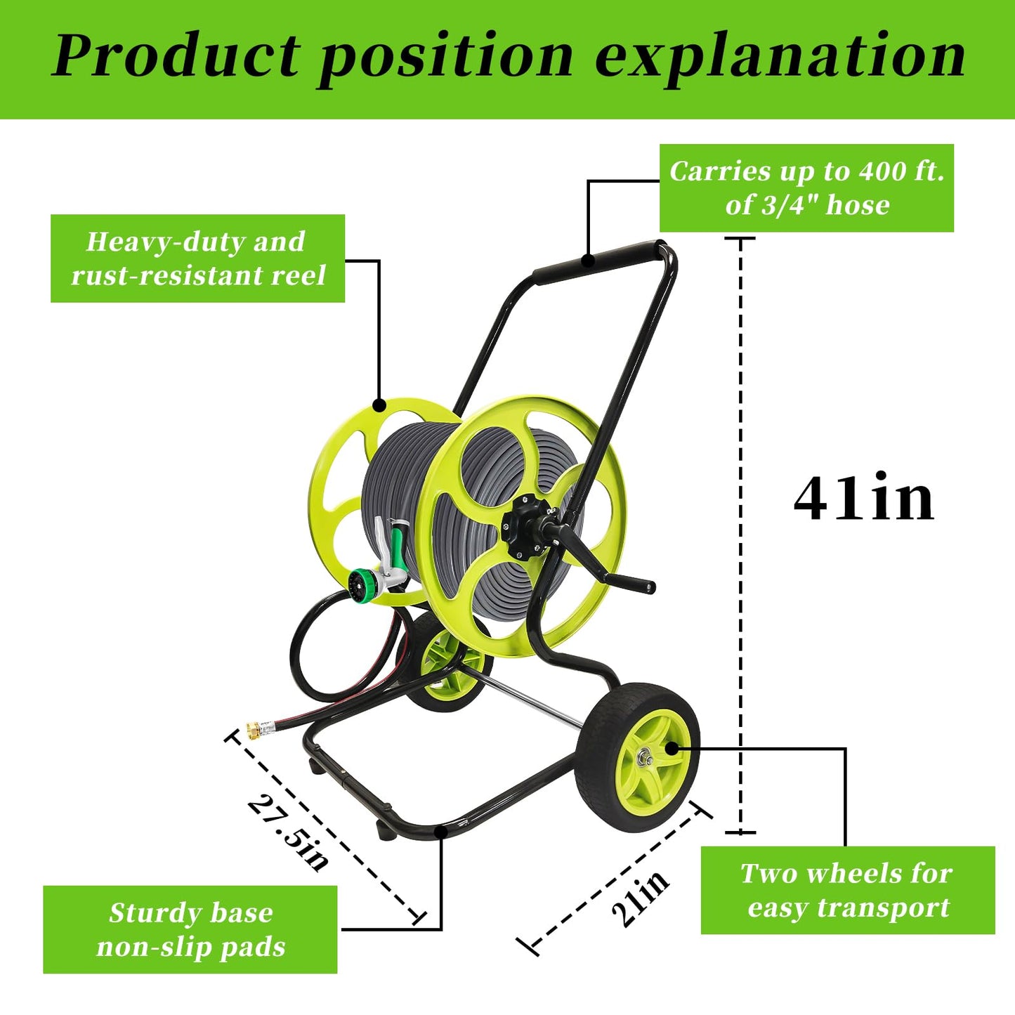 Stainless Steel Garden Hose Reel Cart - Heavy Duty, 10" Rubber Wheels, Holds 400 Feet of 5/8" Hose, For Yard/Lawn (With 5 FT Hose included)