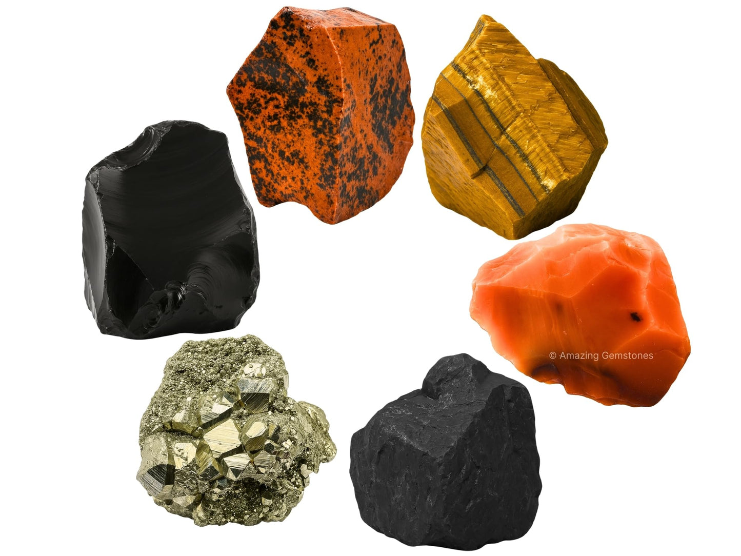 Amazing Gemstone Crystals for Protection Manifestation, Set of 6 Shungite, Pyrite, Black Obsidian, Carnelian, Tiger Eye and Mahogany Obsidian Healing Crystals and Stones
