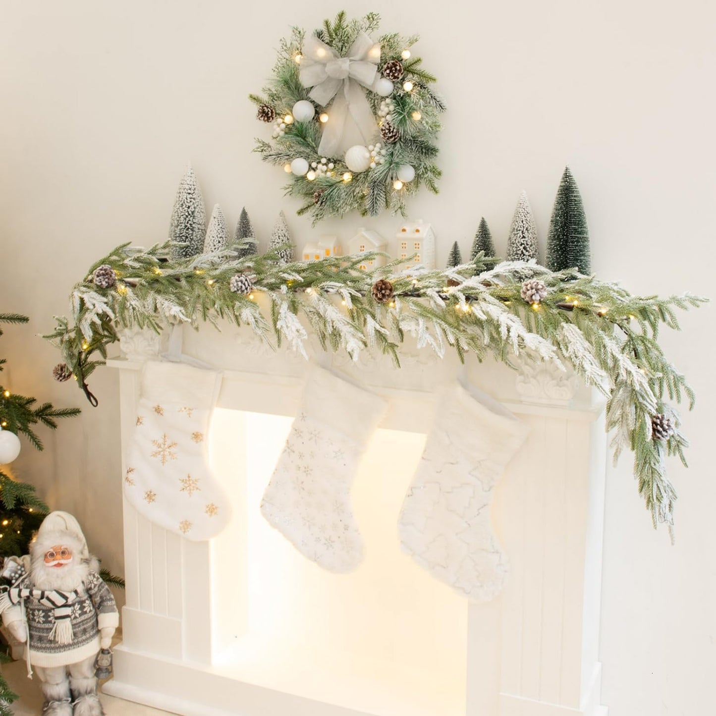 YoleShy 6FT Real Touch Norfolk Pine Garland Christmas Garland with Pinecone and White Snow (1, 6 FT)