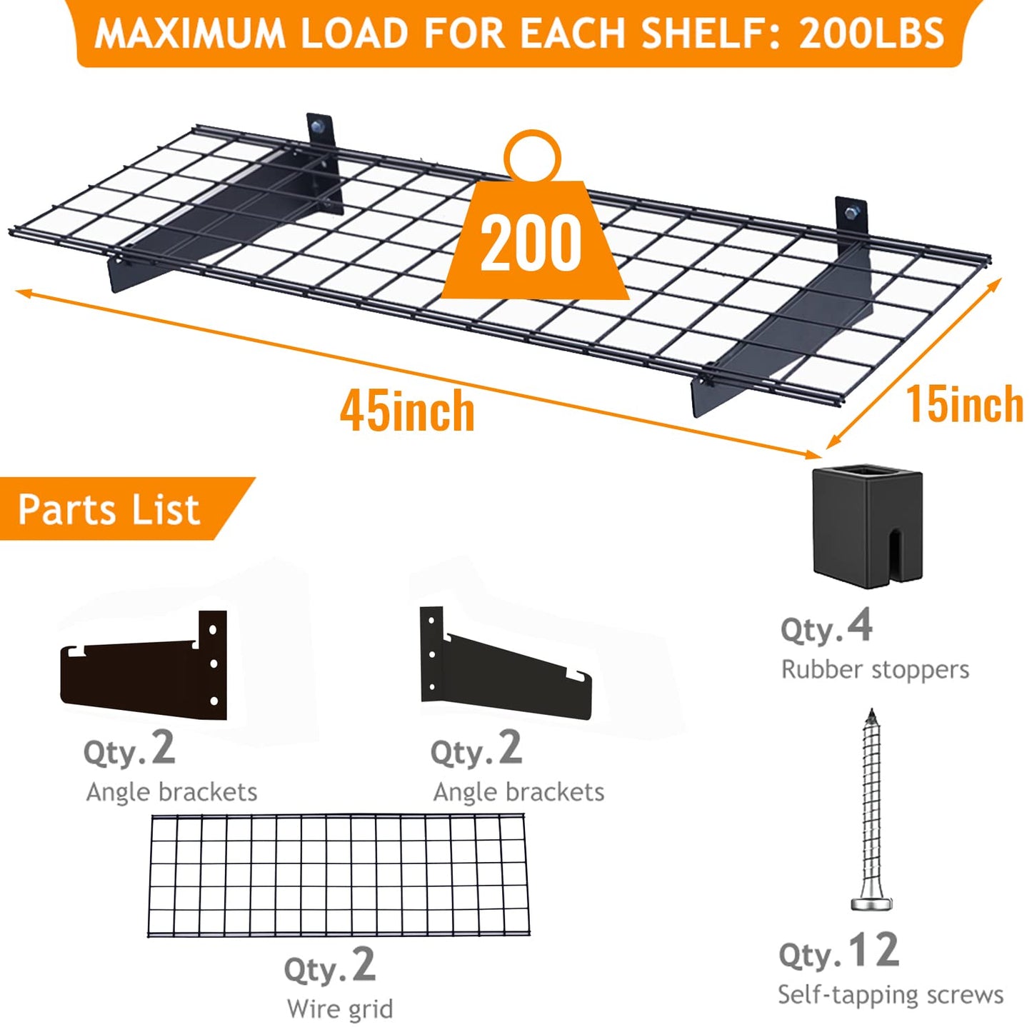 Wallmaster 2-Pack 15x45 Heavy Duty Garage Wall Shelving 45-inch-by-15-inch Wall Mount Garage Storage Rack Floating Shelves Max Load 400lb Black