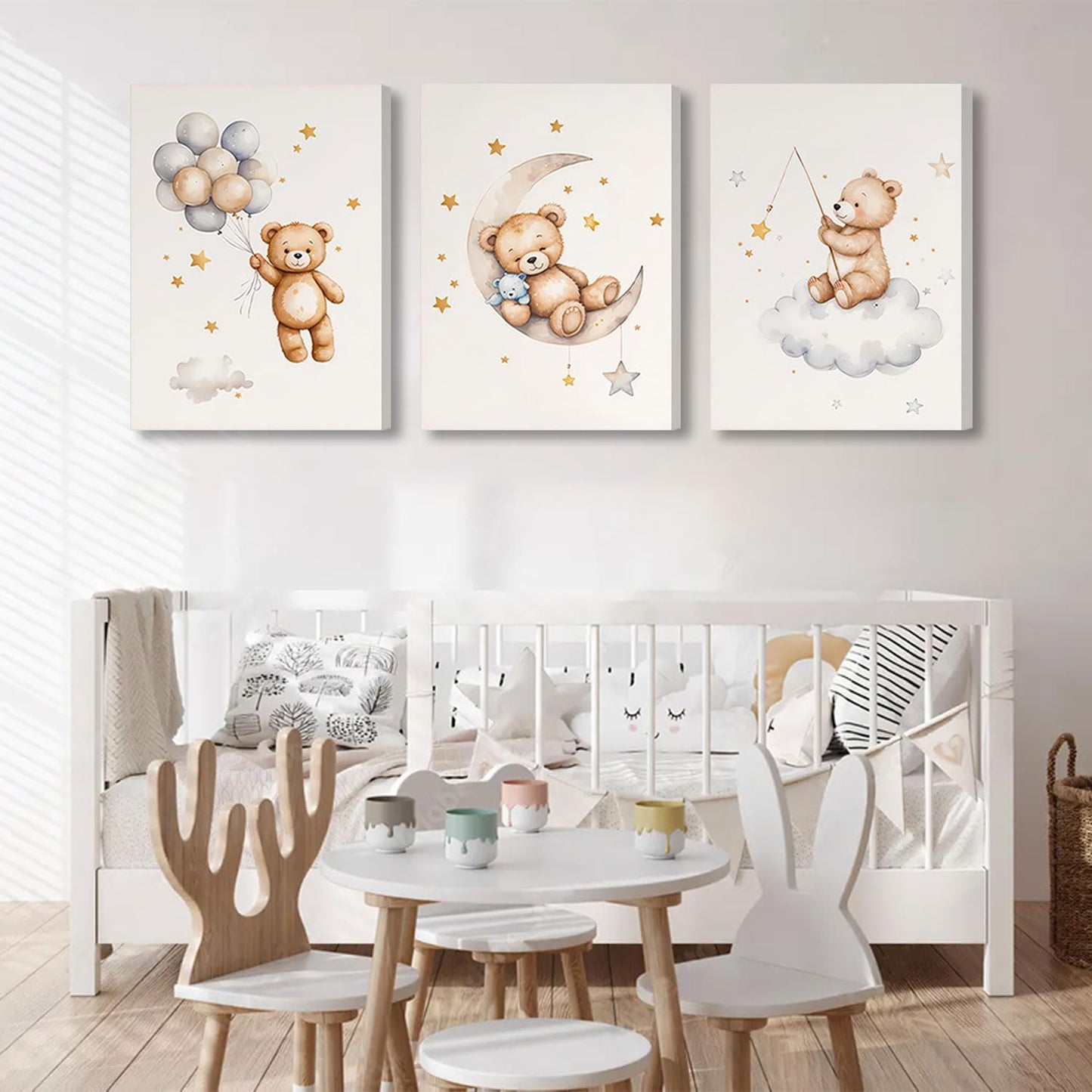 3 Pcs Framed Teddy Bear Nursery Canvas Wall Art Bear Sleeping on The Moon and Stars Wall Decor Pictures Balloon Cloud Neutral Poster Prints for Kids Baby Room Kindergarten Home Decoration 12x16in