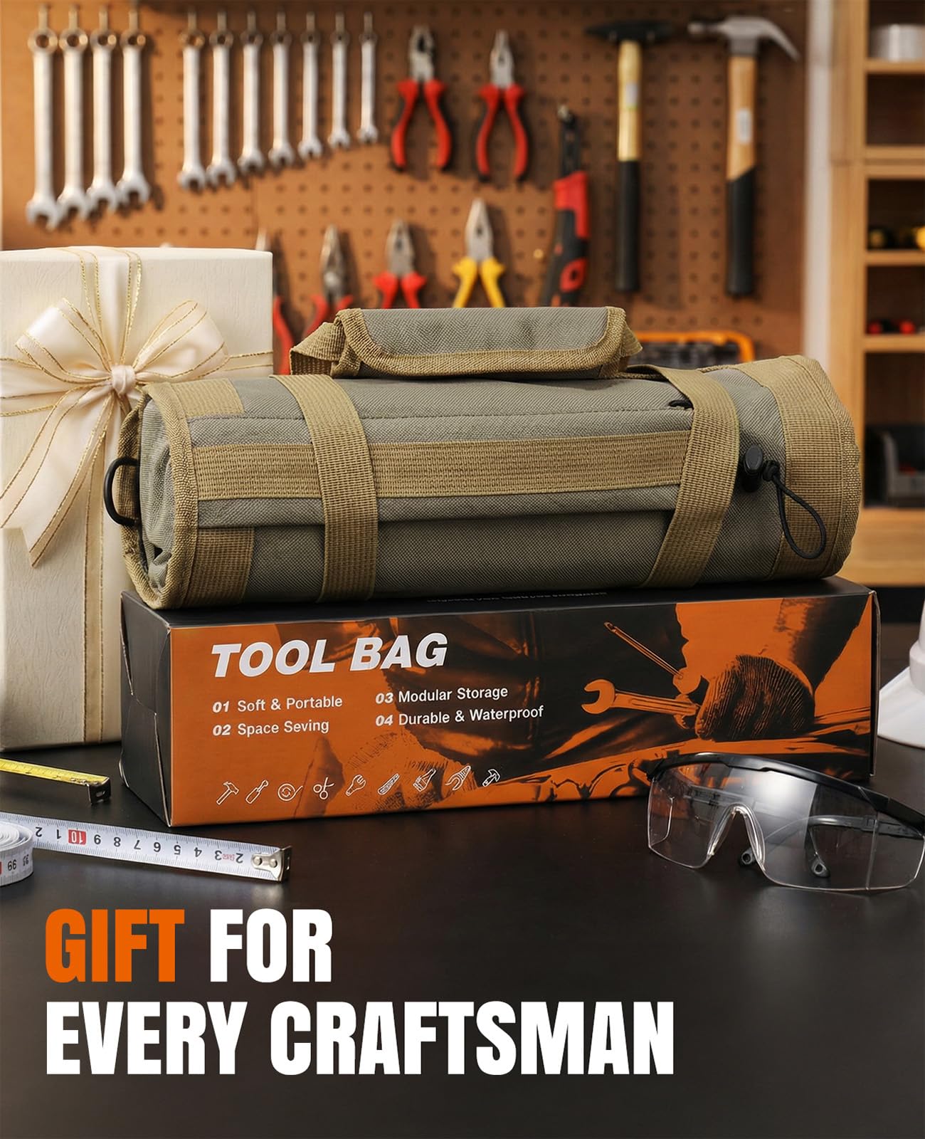 Tool Roll Up Bag, 1680D Heavy Duty Tool Bag Organizer with 2 Detachable Tool Pouches & Multiple Pockets, Waterproof Motorcycle Tool Roll for Mechanic & Electrician, Gift for Men Him Dad, 21.9"*14.7"