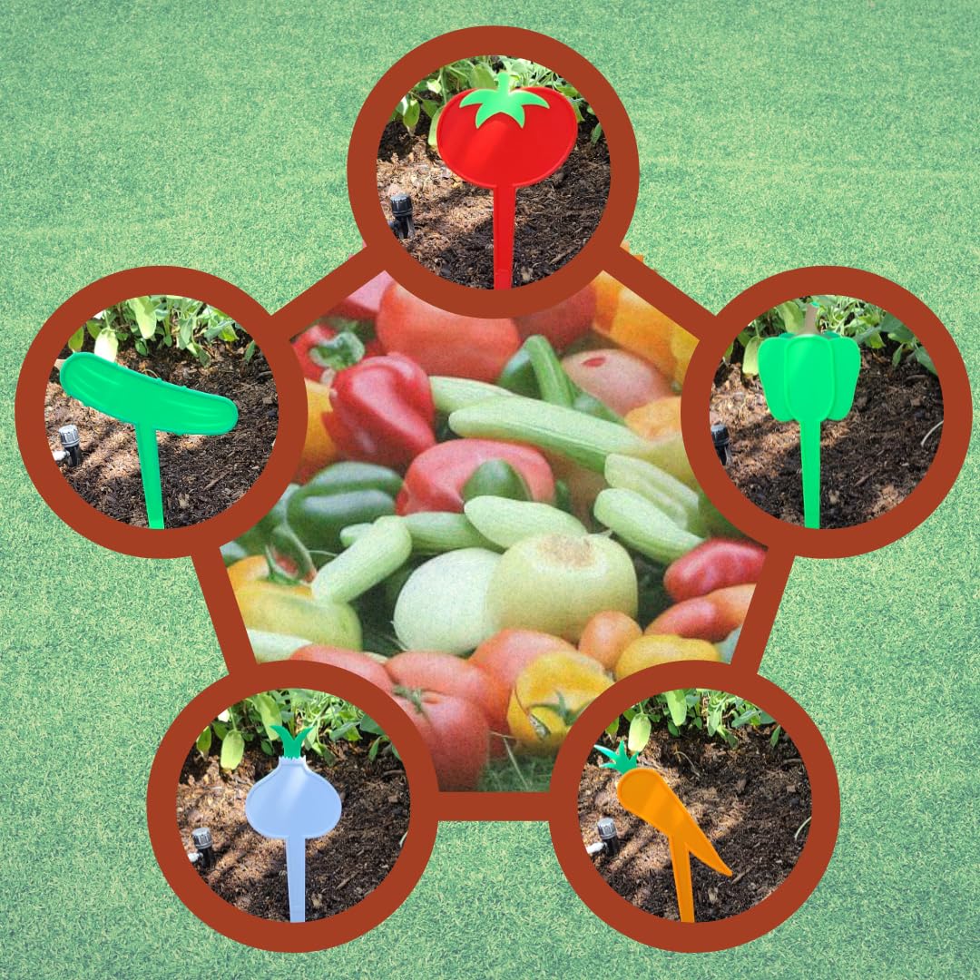 8-Inch Vegetable Garden Plant Markers - Set of 5 - Durable & Eco-Friendly Plastic - Made in The USA - Tomato, Cucumber, Bell Pepper, Onion, and Carrot.