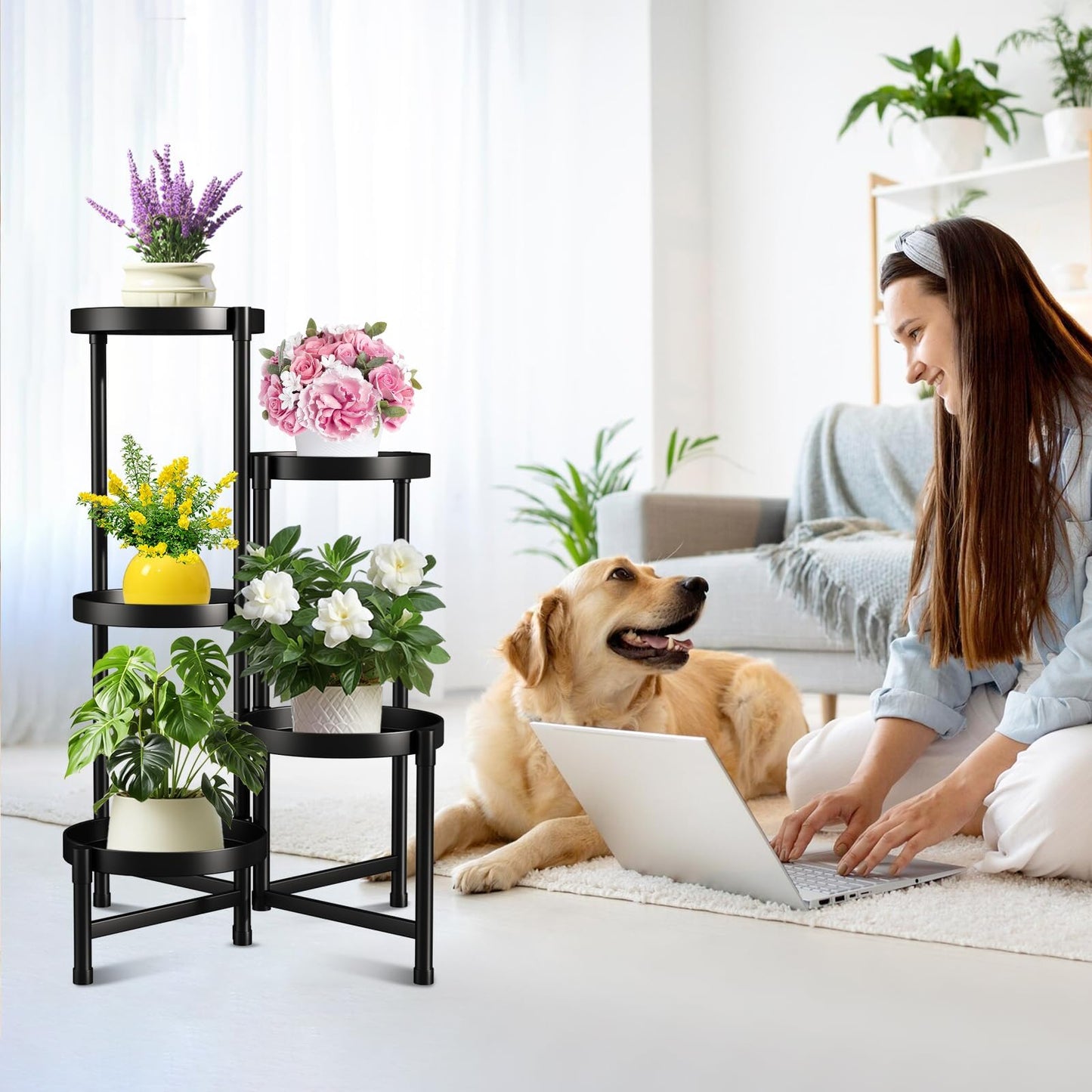 Atpddpey Plant Stand Indoor Outdoor 5 Tier Black Metal Plant Holder 31 in Tall 9 in Wide,Tiered Flower Pot Display Stand,Multiple Plant Stand for Living Room Corner Garden Patio Lawn Balcony