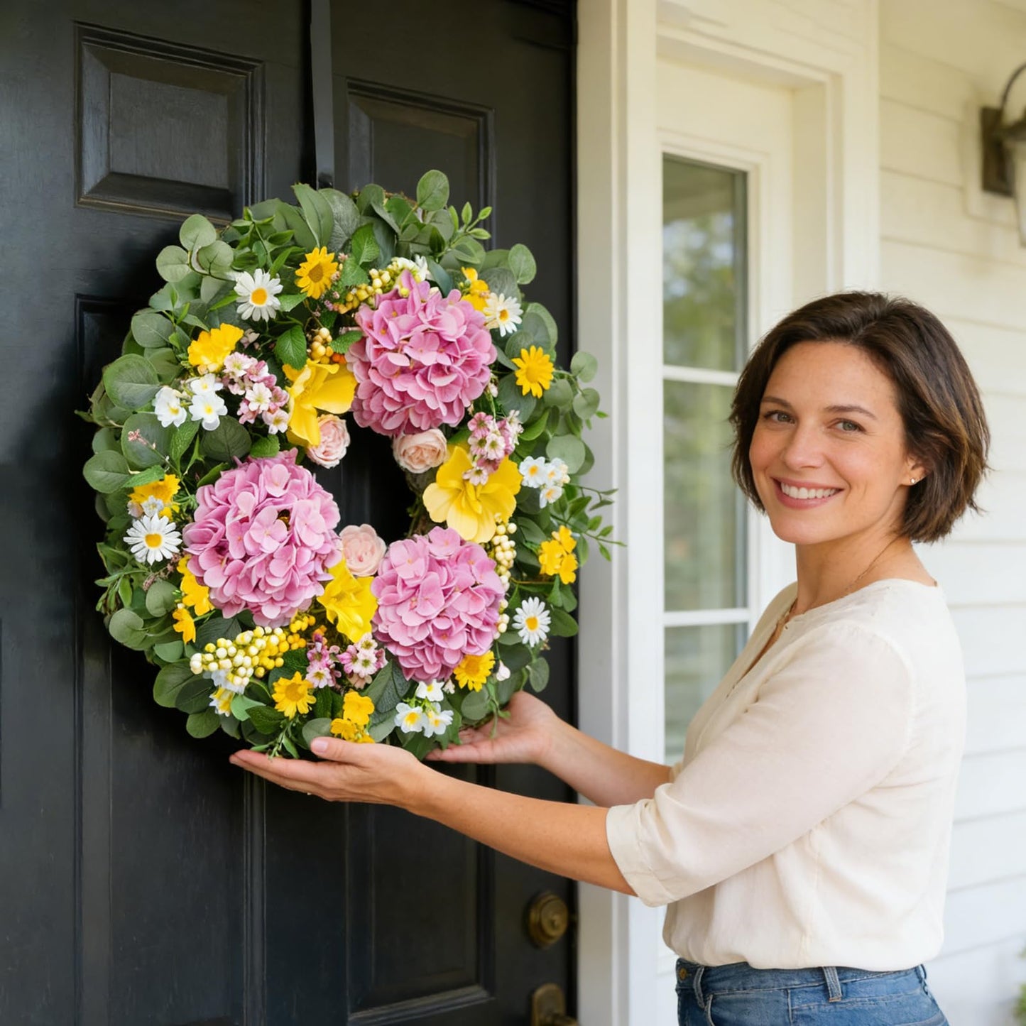 Rimalo 24 Inch Spring Summer Wreaths for Front Door - Summer Wreath with Vibrant Hydrangea, Roses, Daisies and Yellow Berries for Porch, Mantel, Farmhouse Home Decor, Outdoor Artificial Flower Wreath