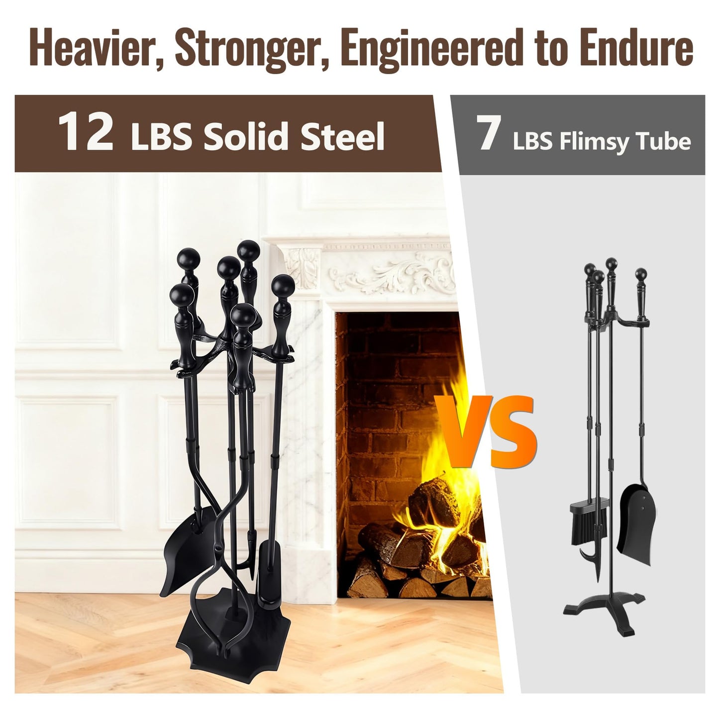 AMAGABELI Garden & Home 5 Pcs Fireplace Tools Set 31 Inch Indoor Black Handle Wrought Iron Large Fire Tool Accessories Set Holder Outdoor Fireset Modern Fire Pit Stand with Poker Brush Shovel Tong