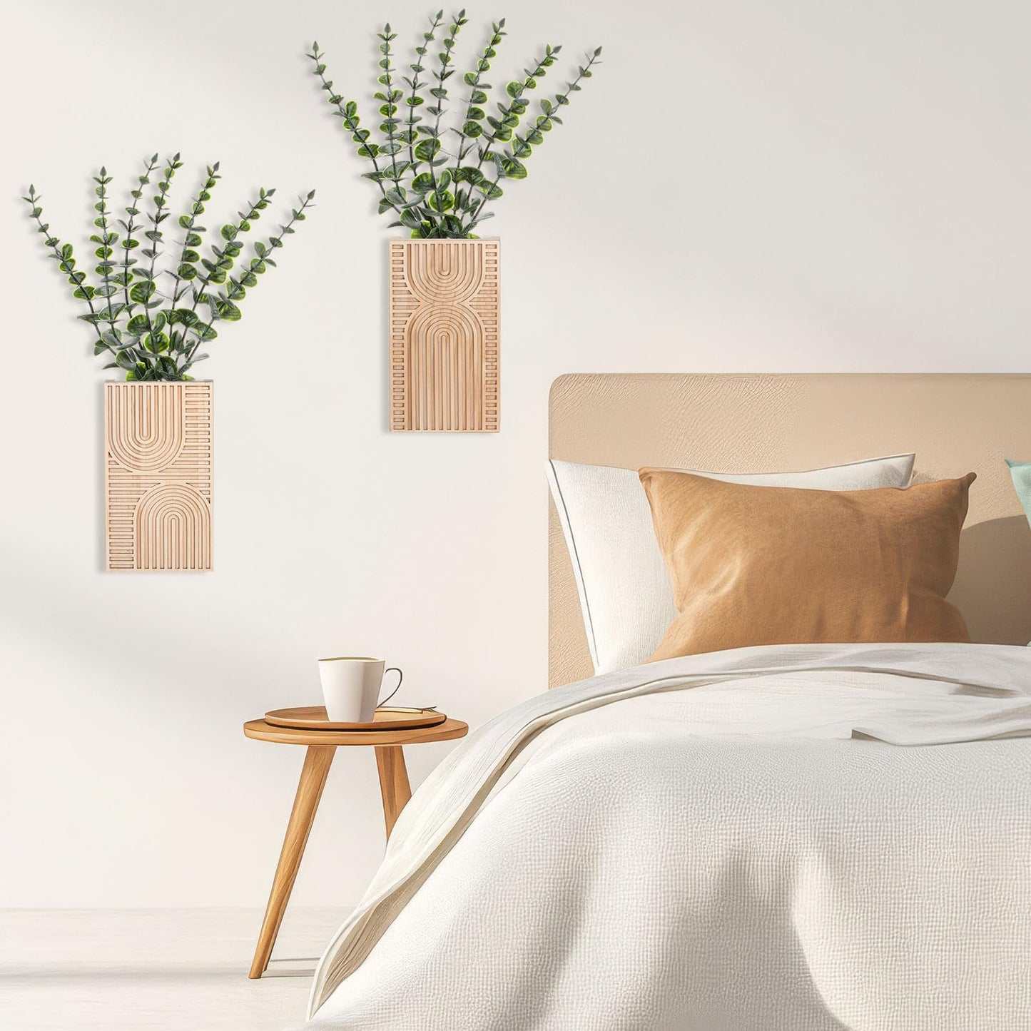 Ninehaoou 2 Pack Modern Farmhouse Wall Decor Wood Planter Vase with Artificial Eucalyptus Farmhouse Bohemian Hanging Wall Decor for Bathroom Dinning Room Living Room Hallway Bedroom(Brown)