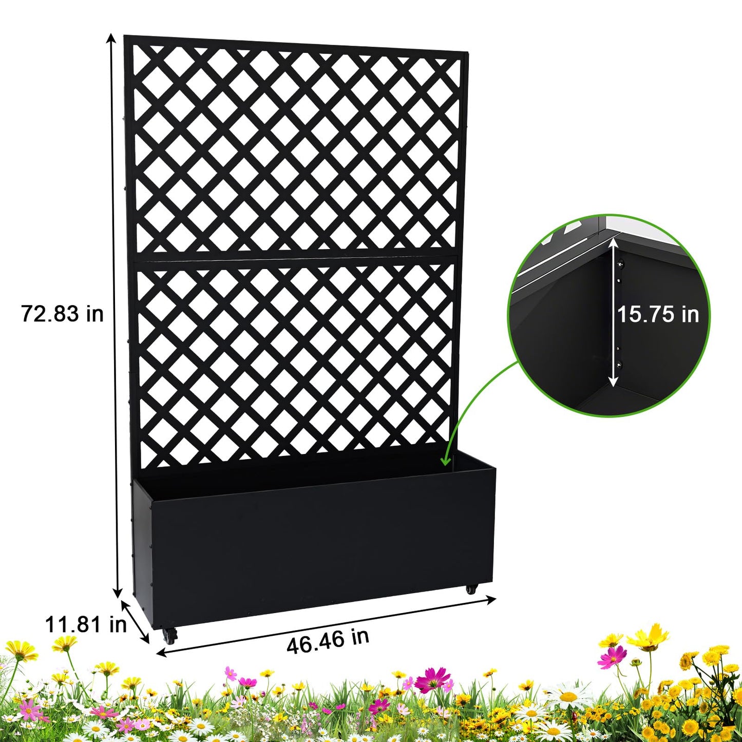 GarveeLife Metal Planter Box with Trellis, 73"x47"x12" Raised Garden Bed with Privacy Screen, Galvanized Steel Outdoor Planter Box with Drainage Holes for Climbing Plants Flowers Vegetables, Black