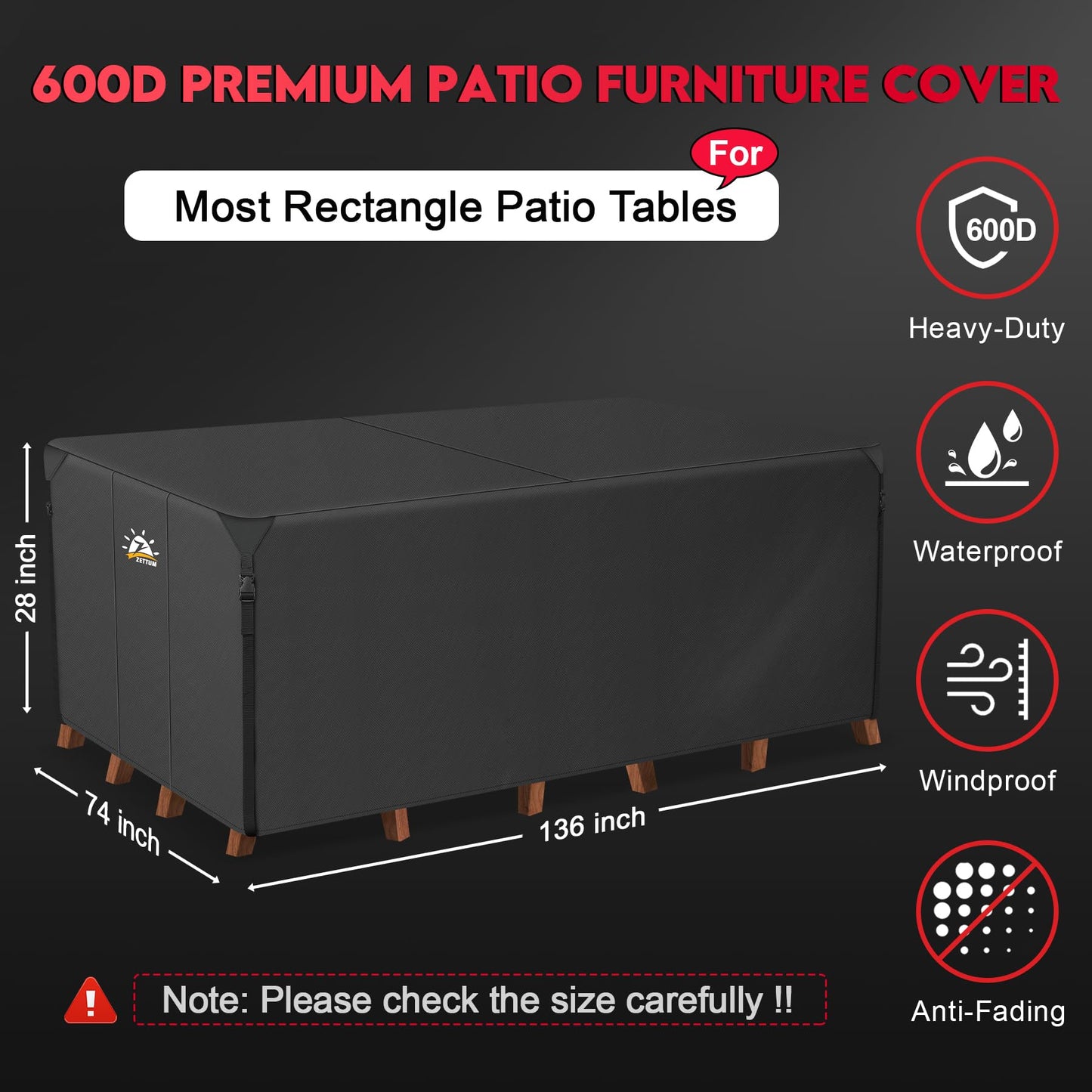 Zettum Patio Furniture Cover Rectangle - 600D Outdoor Table Cover Waterproof & Heavy Duty, Large Lawn Furniture Sofa Set Covers for Outside Dining Table and Chairs Seating Combo - 136 x 74 x 28 Inch