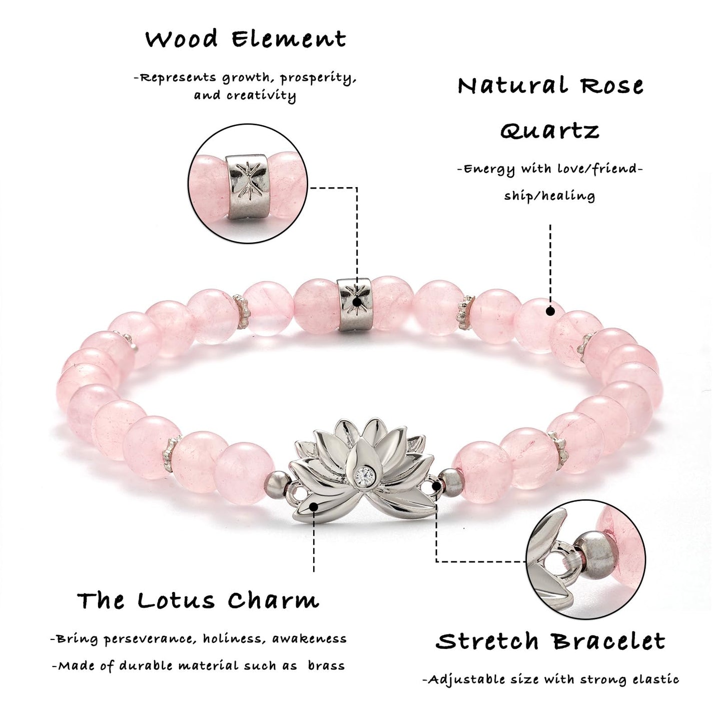 JUBILIKA Protection Bracelet, 6mm Rose Quartz Crystal Bracelet With Lotus Charm for Protection & Balance Healing Energy Feng Shui Gifts for Women