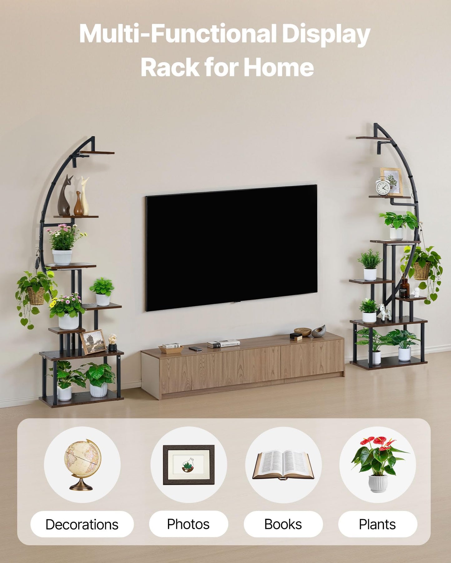VEVOR Plant Stand Indoor with Grow Lights, 65.5 in Tall 7-Tiered Lighted Plant Shelf, 2 Pack Metal Corner Plants Holder, 3 Timer & 10 Brightness, Half-Moon Shaped Flower Display Rack for Living Room