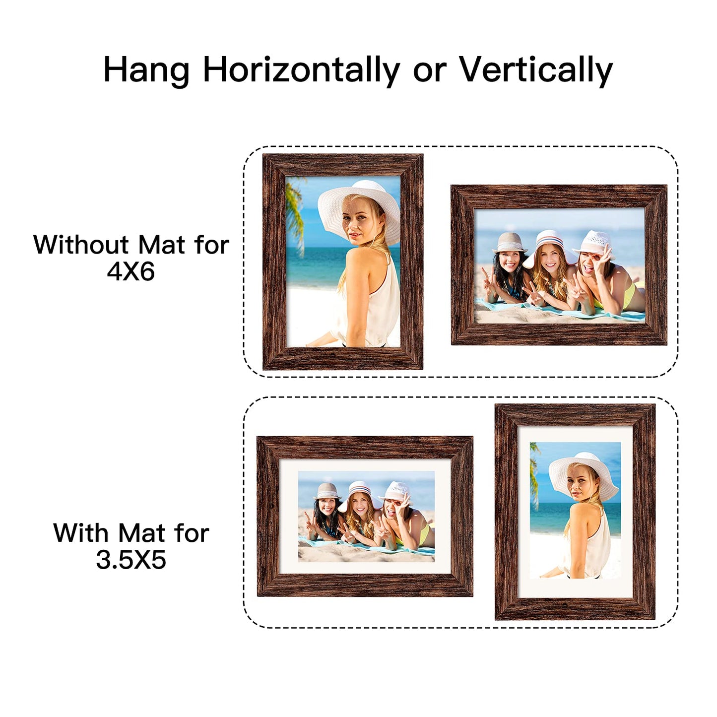 BAIJIALI 4x6 Picture Frame Distressed Farmhouse Wood Pattern Set of 4,Display 3.5x5 with Mat or 4x6 Without Mat,Multicolour