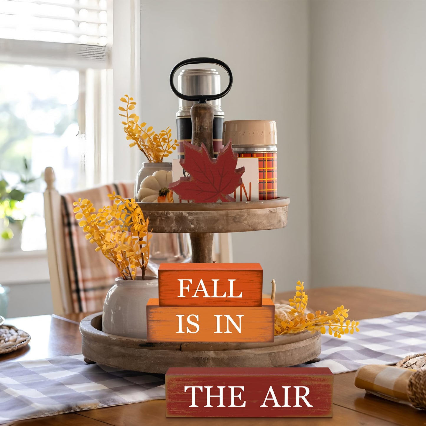 4 PCS Fall Maple Leaf Wooden Table Block Sign Thanksgiving Wood Tiered Tray Decor Fall is in the Air Block Centerpiece Rustic Farmhouse Table Decorations for Autumn Thanksgiving Home Desk Shelf Decor