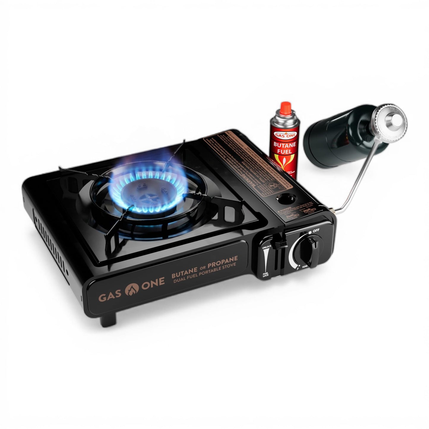 GasOne 10,000 BTU Dual Fuel Camp Stove – Butane and Propane Burner Portable Stove Camping Grill with Adjustable Heat Dial, Carry Case, Automatic Electric Ignition – Safe and Durable Construction