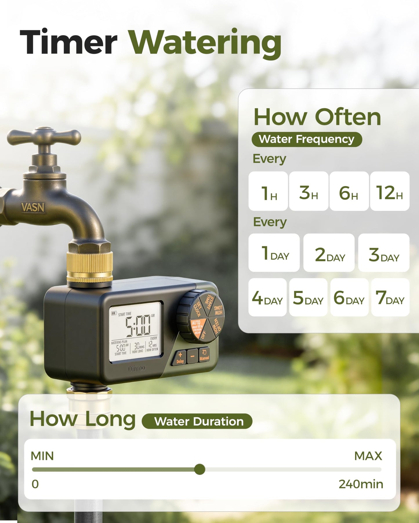 Diivoo Brass Sprinkler Timer, IP66 Waterproof Programmable Hose Timers for Watering with Large Display, Rain Delay & Manual Mode for Outdoor Automatic Irrigation of Garden, Lawn, Yard