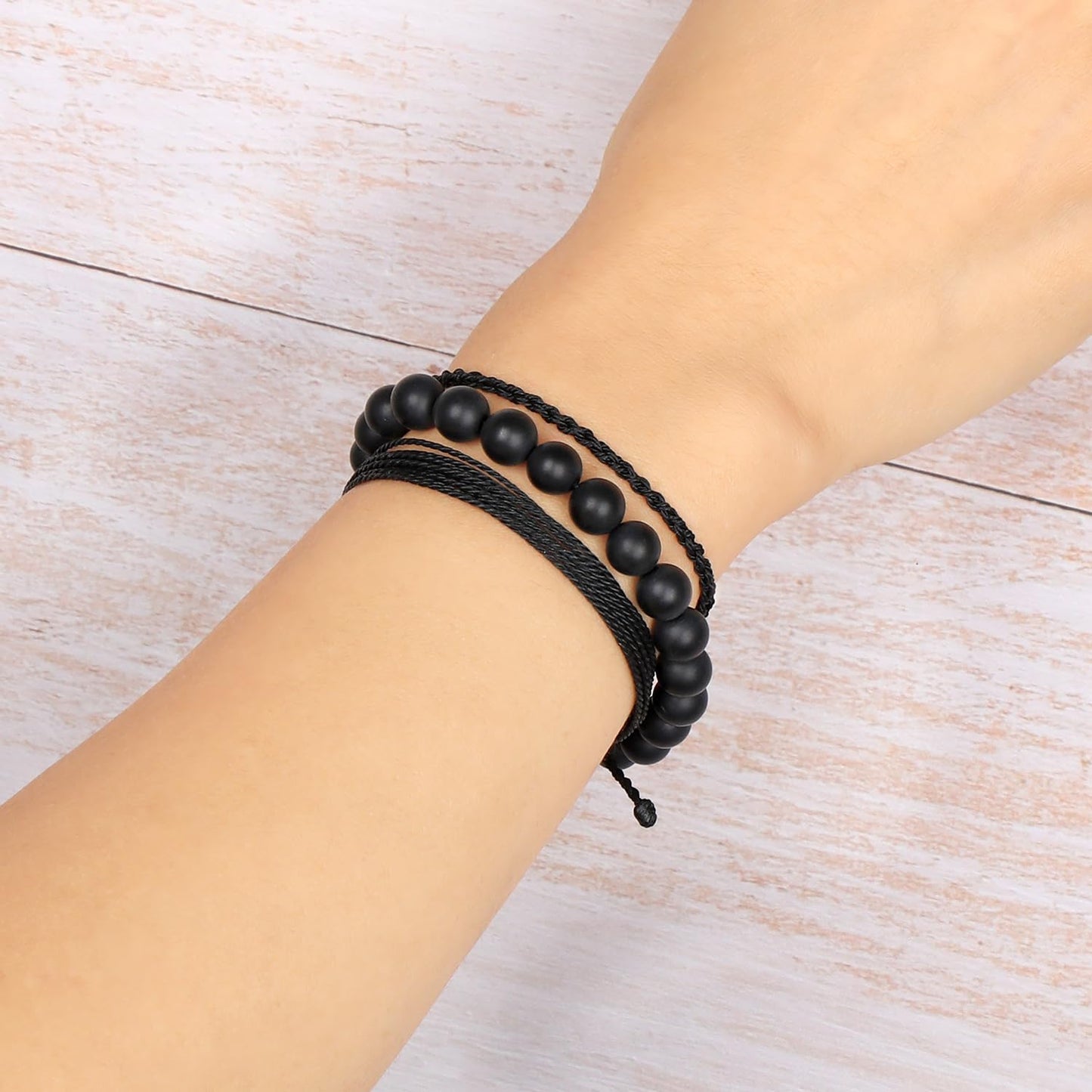 QOGIR Handmade Healing Bracelets, 8mm Matte Black Onyx Bracelet Black Beaded Bracelets for Men Women with 2PCS Size Adjustable Rope Bracelets