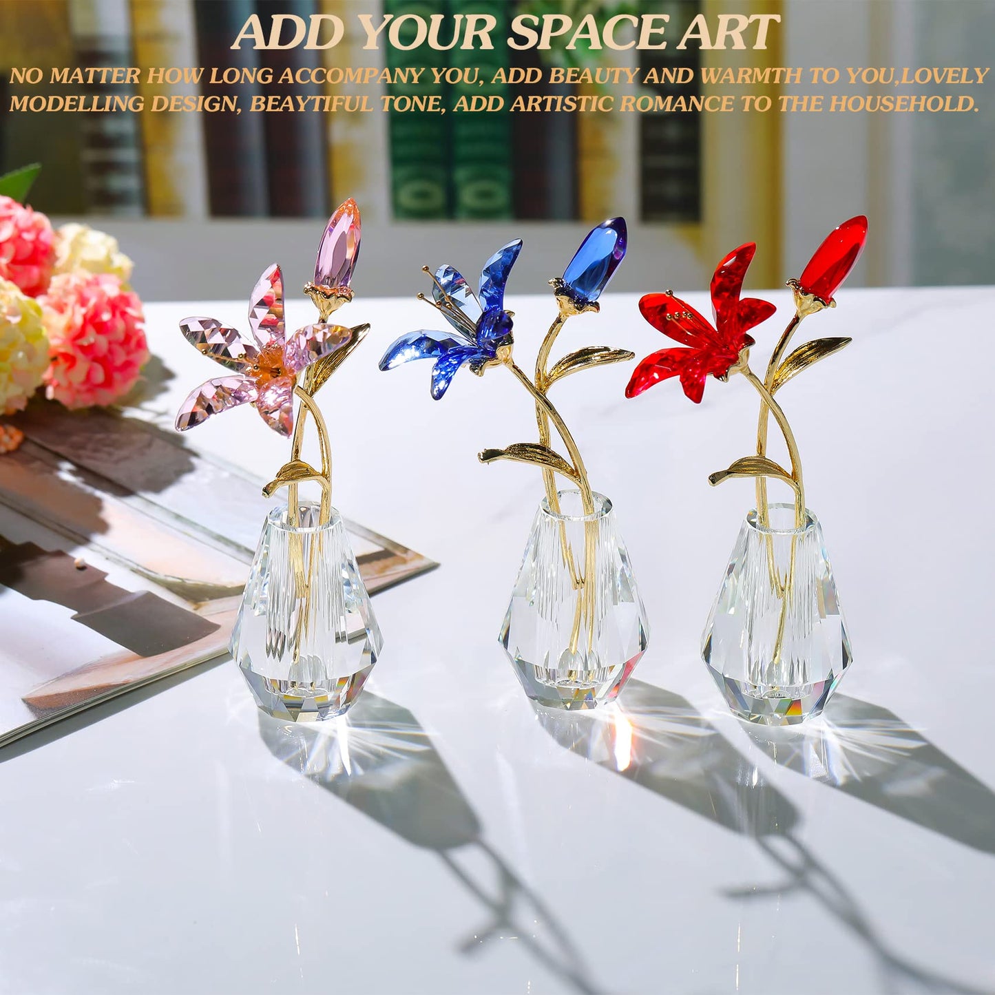 Ornalrist Crystal Tiger Lily Flowers with Vase Metal Stem Blue Lily Flower Collectible Gifts for Women, Glass Lilium Floral Figurines for Home Anniversary Party Decor