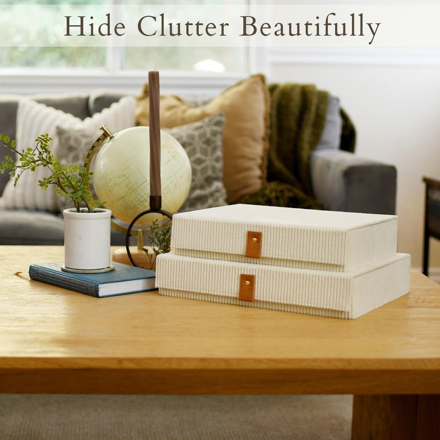 cherish & dwell Beautiful Cozy Corduroy Decorative Storage Boxes with Lids – Set of 2 Keepsake Boxes for Photos, Documents and Home Decor Accents - Giftable Memory Boxes