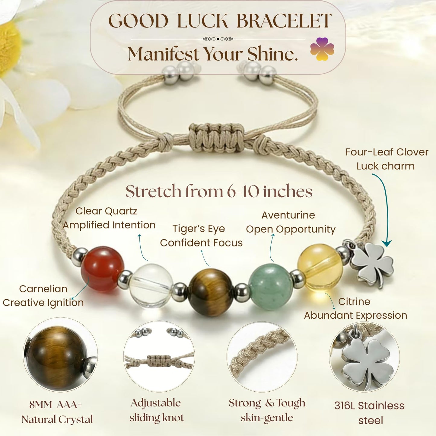 Atminafays Abundance Money Bracelet/Good Luck Bracelet – 8mm AAA+ Genuine Healing Crystals | Adjustable Feng Shui Jewelry for Men Women | Manifestation for Yoga Meditation (good luck)