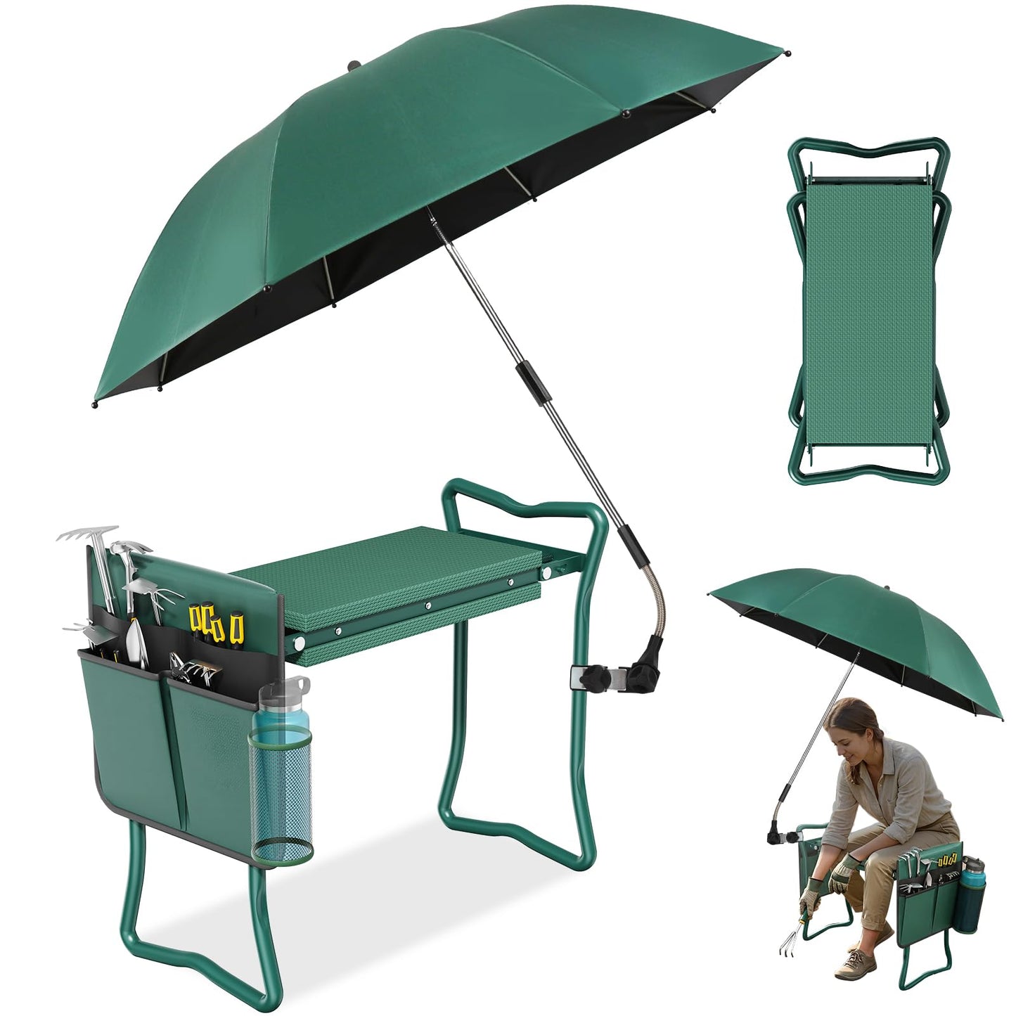 2-in-1 Garden Kneeler with Umbrella, Garden Kneeling Bench & Green Umbrella, Portable Garden Stool Loads Capacity 330lb and Garden Tools Bag with bottle holder, Gardening Gifts for Women,Men,Seniors