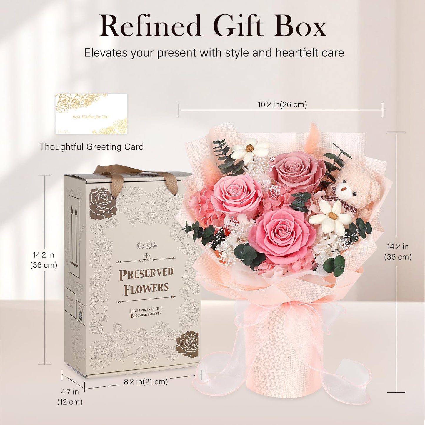 Preserved Flowers Bouquet with Bear, 3 Real Forever Flowers for Delivery, Long-Lasting Pink Eteranl Roses Bouquet, Mothers Day Gifts for Mom Grandma, Anniversary Birthday Gifts for Women Girlfriend
