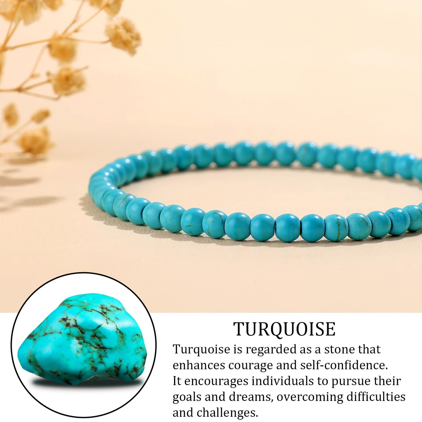 GolbalJew Natural Gemstone Beads Bracelets Healing Crystal Stone Beaded Bracelet for Women Men Handmade Spiritual Jewelry Gifts, 4mm Turquoise Round Beads
